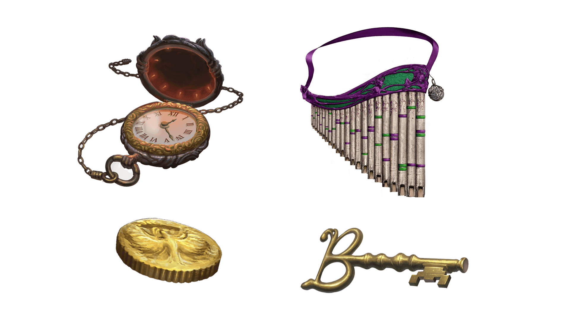 4 images of items included in the wayfarer pre-order package. A pocket watch for game time, a coin for embers, a key for game access, and the accessory