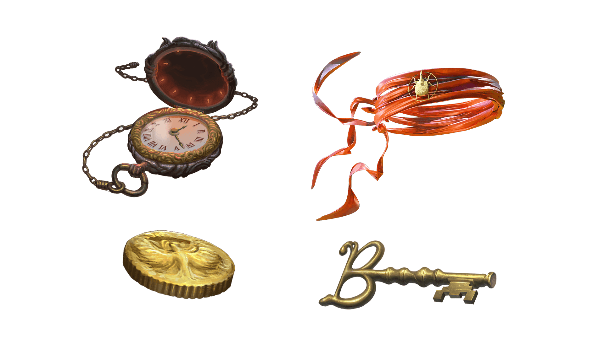 4 images of items included in the wayfarer pre-order package. A pocket watch for game time, a coin for embers, a key for game access, and the accessory