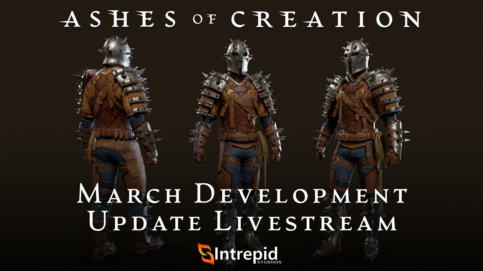 Multisided view of a character from both sides and front. The person is covered in a leather breastplate and chaps and covered in metal spiked arm armor as well as a spiked helmet with on eye holes