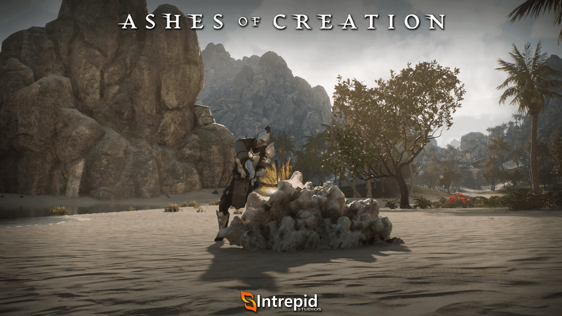 A player character mining rocks with a pickaxe.