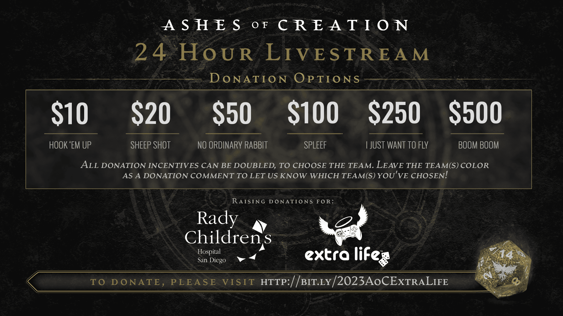 Black background with a gray rectangle in the middle that shows the different donation options for 2023 Extra Life event