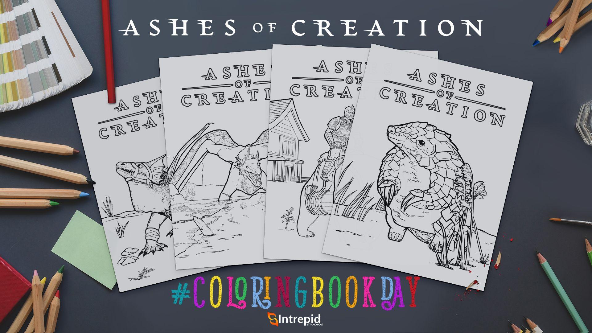 A sprawl of paper showing off the four coloring pages . They sit on a table with colored pencils sprawled out around them.