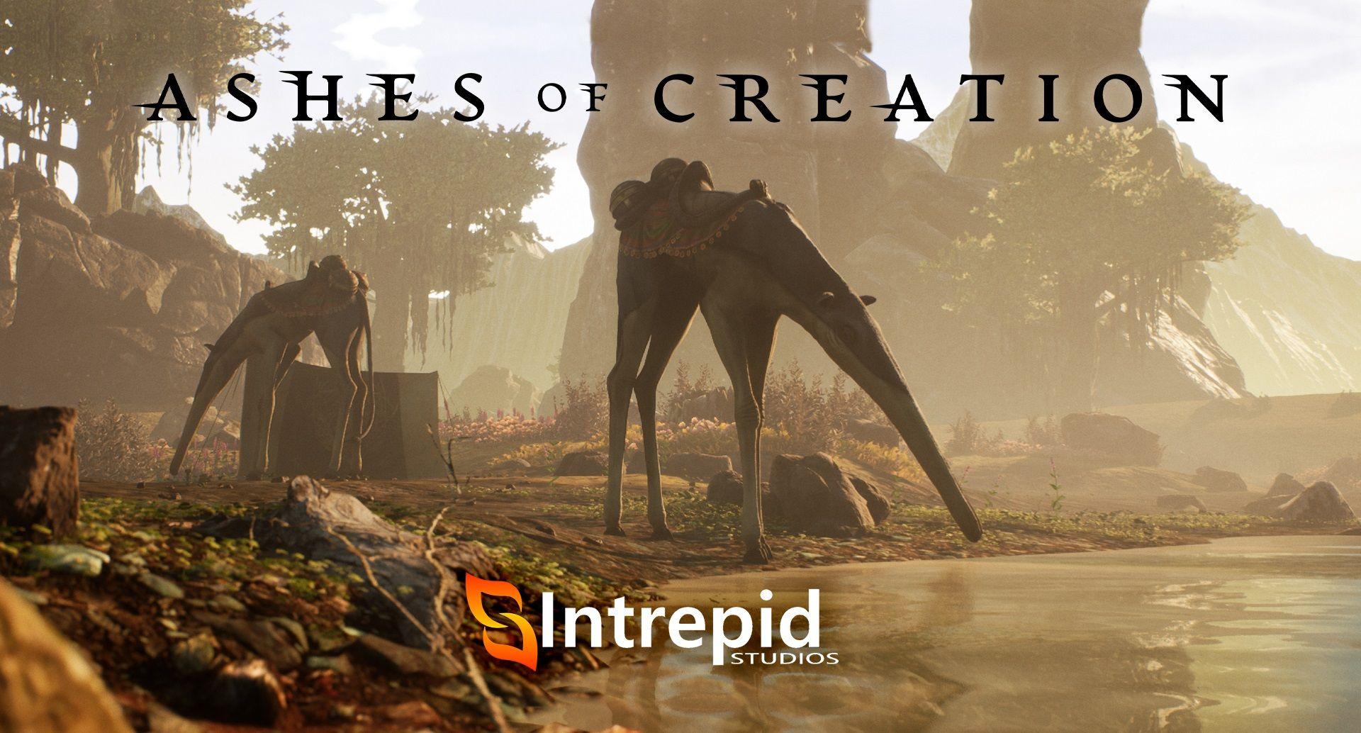 A giraffe body and anteater head creature bends down to get a sip of water from a lake.