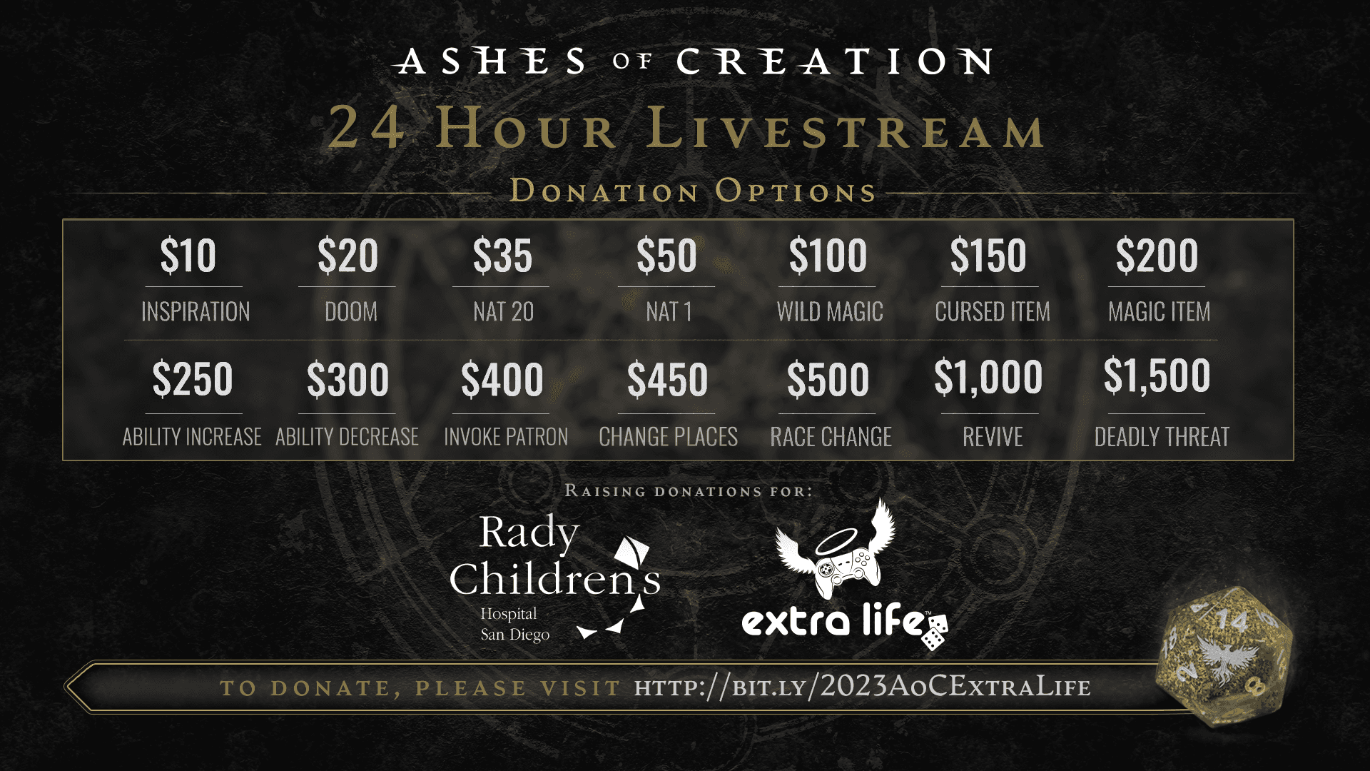Black background with a gray rectangle in the middle that shows the different donation options for 2023 Extra Life event