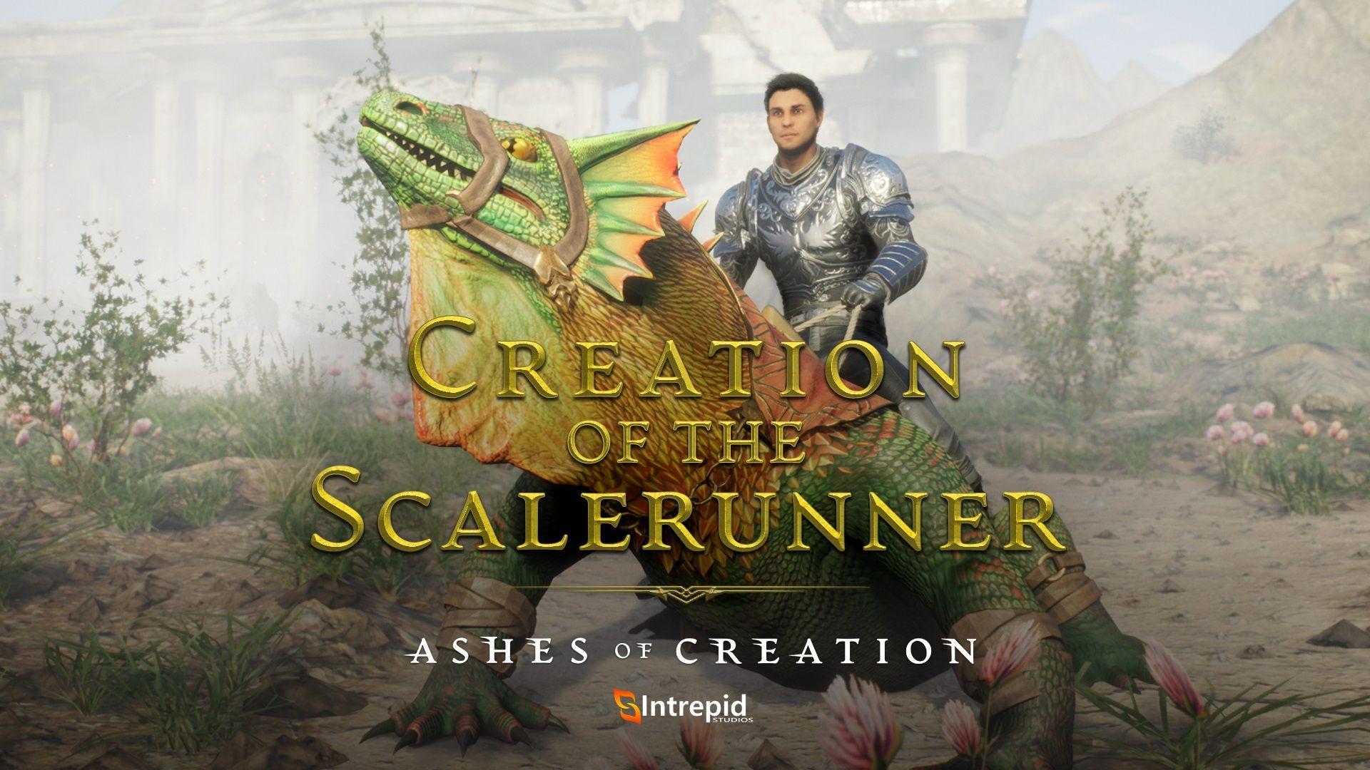 An armored knight rides on the back of a green and orange lizard creature with a leather bridle.