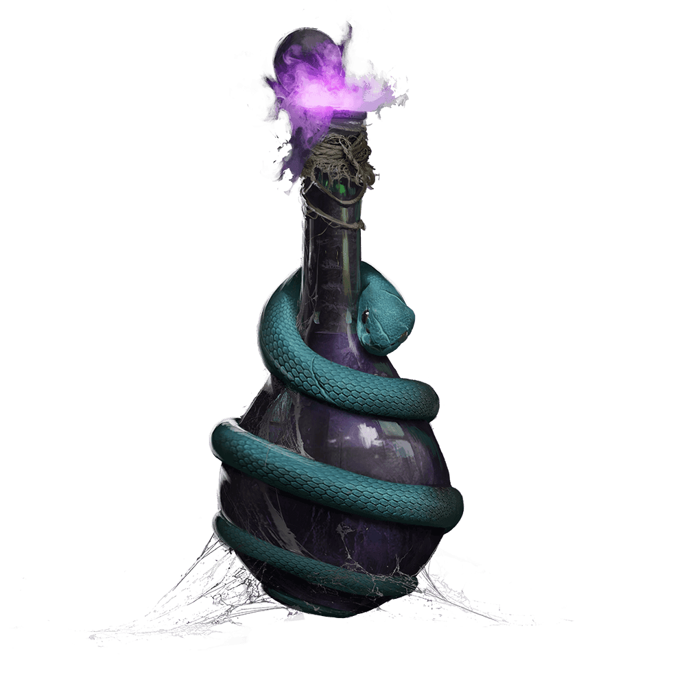 Teal snake coiled around a fuming tincture bottle with purple flames at the top