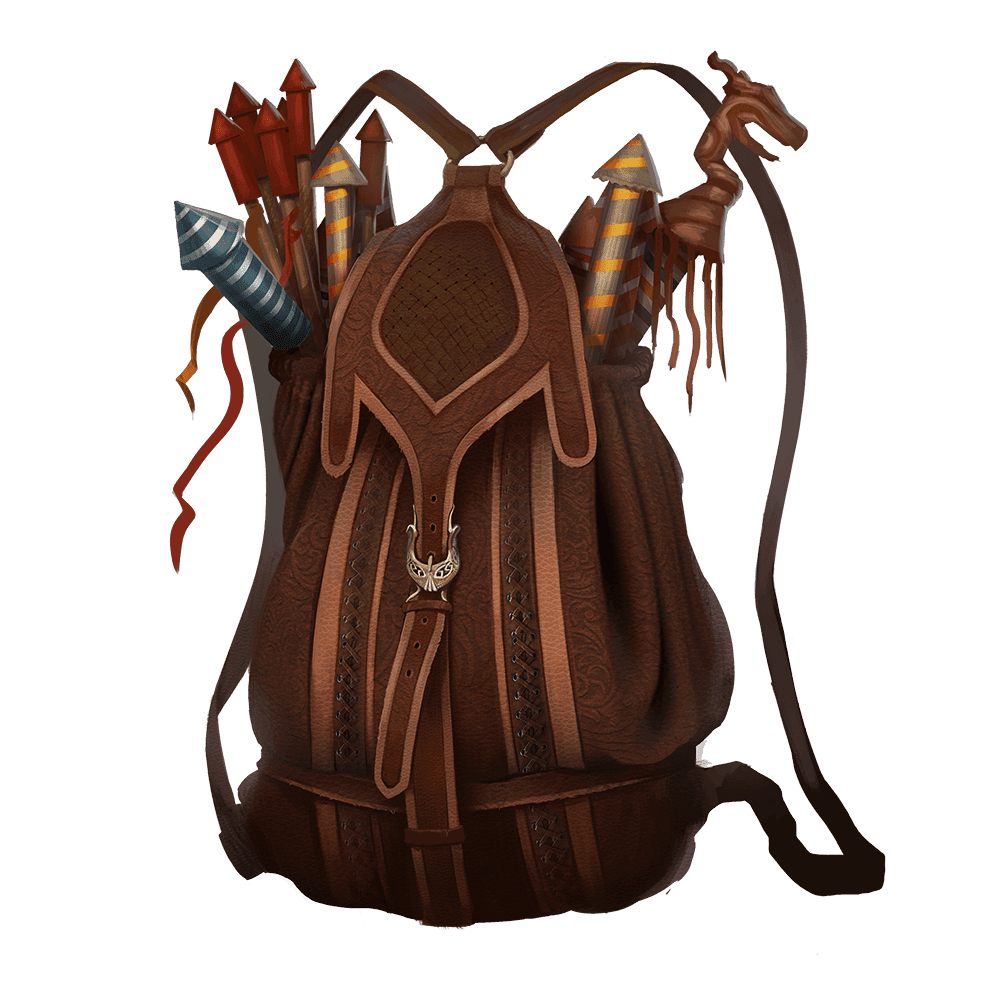 A brown leather backpack with straps has a bunch of fireworks sticking out the top.