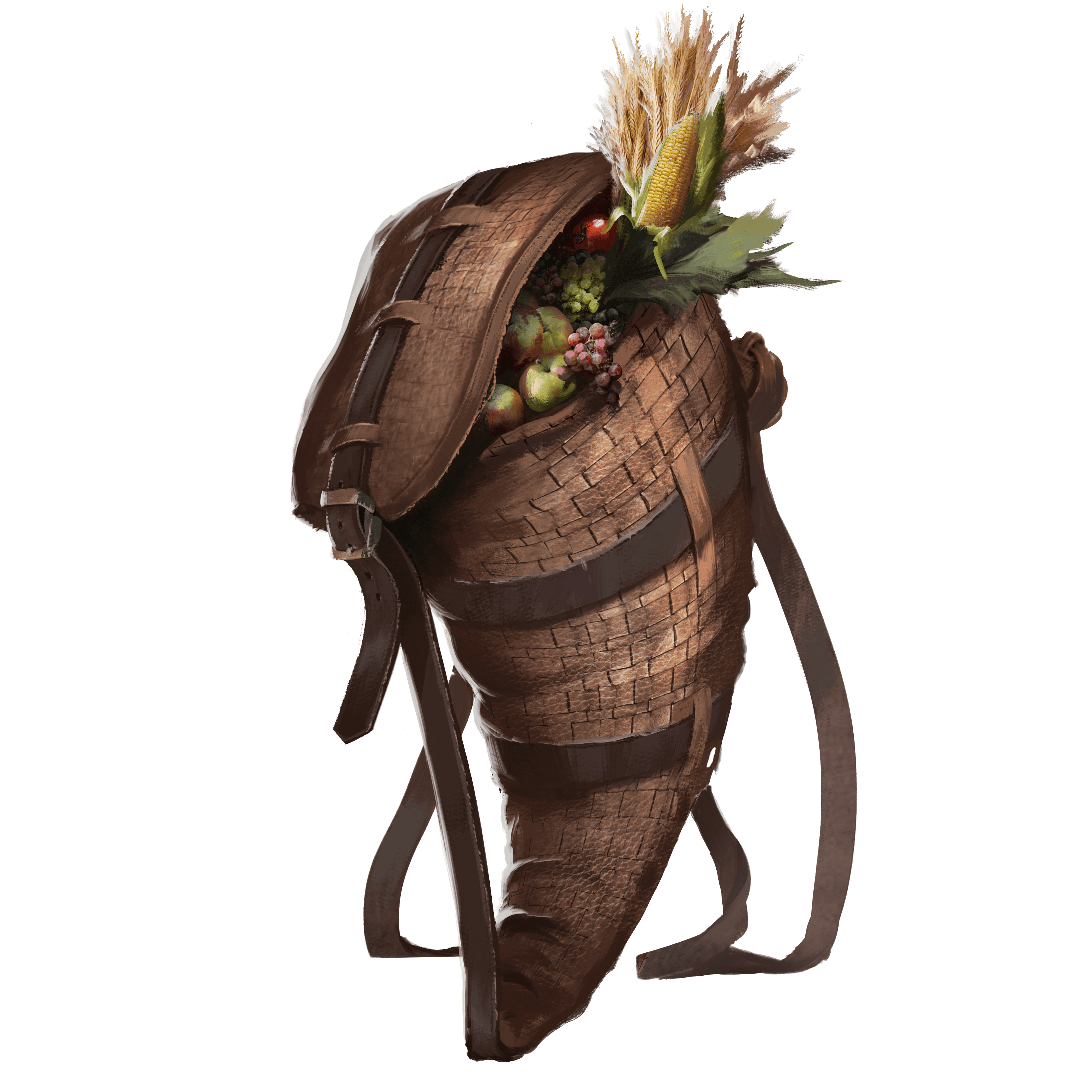A cone shaped sack with leather straps is overflowing with a bounty of fruits and vegetables. 