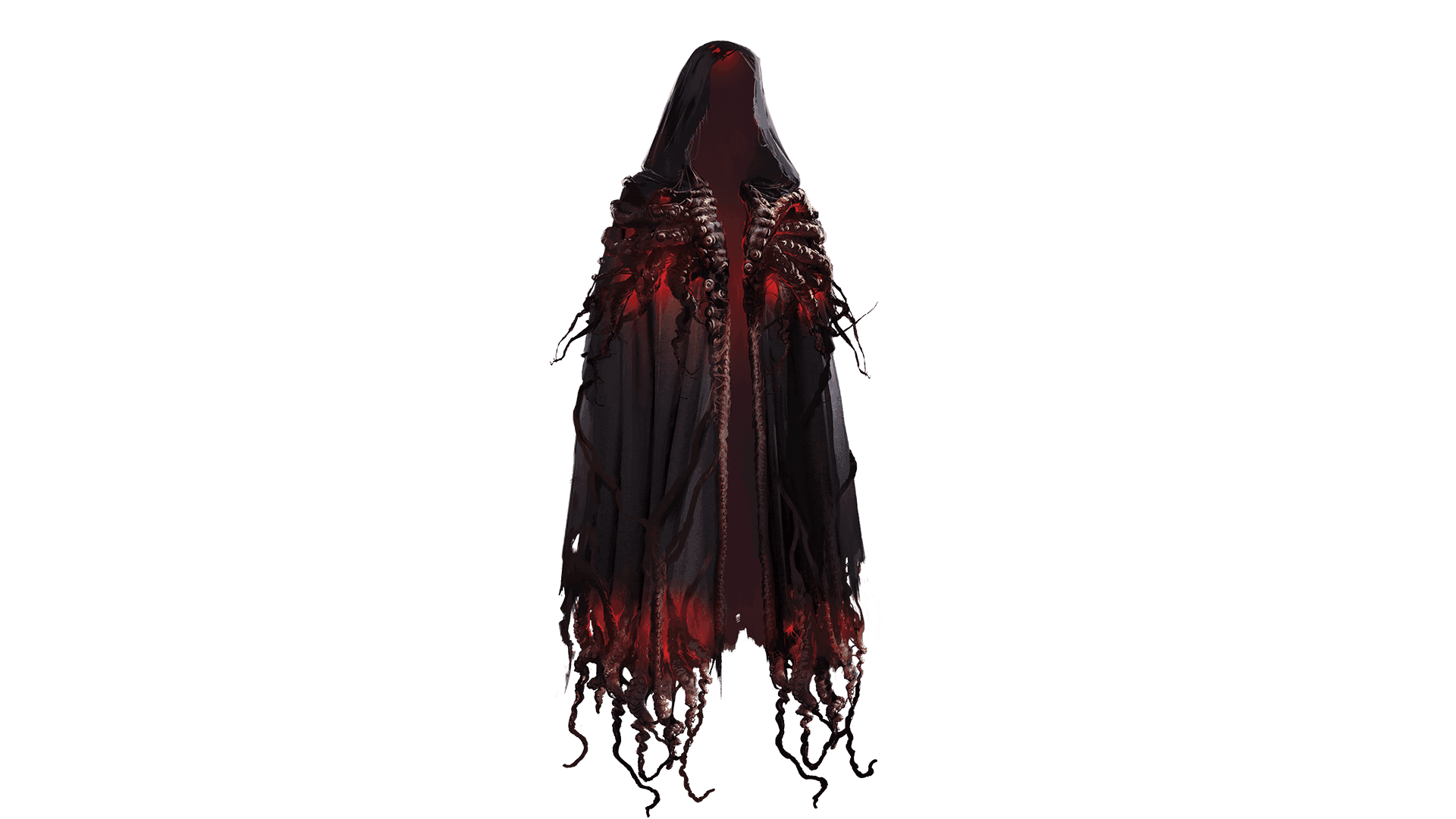A black and red cloak whos trim is made of innards. 