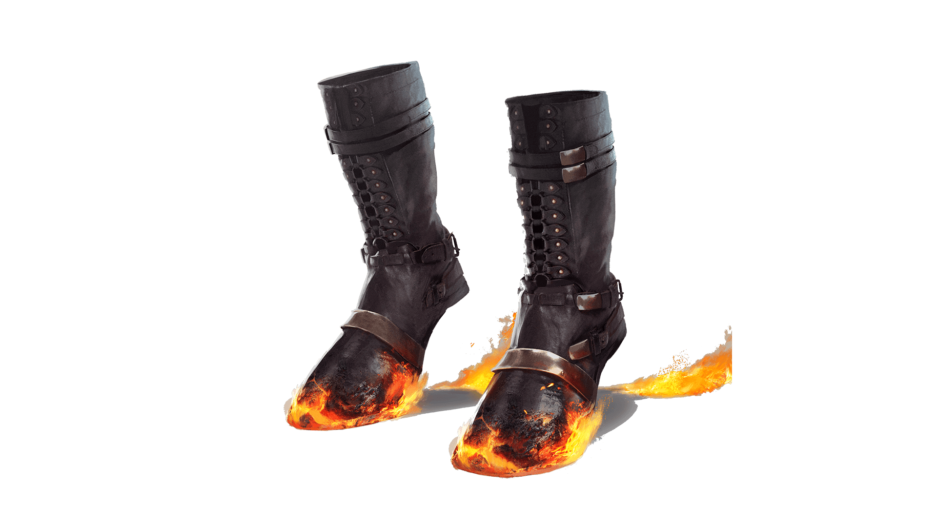 Black leather boots with straps stand on their toes with flames lighting up the soles.