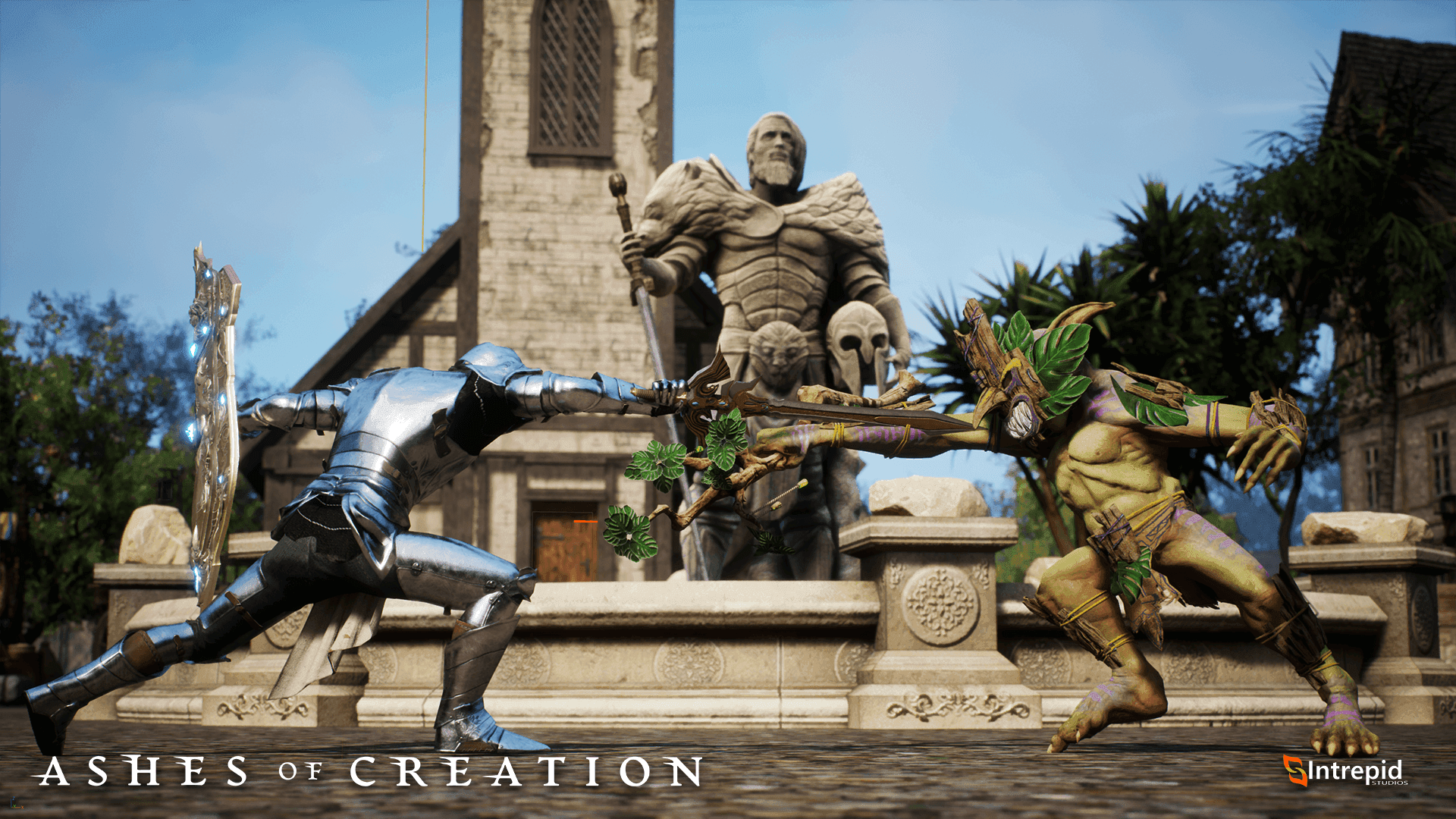A man in a full suit of armor clashes weapons with a goblin with a wooden mask in front of a stone statue.