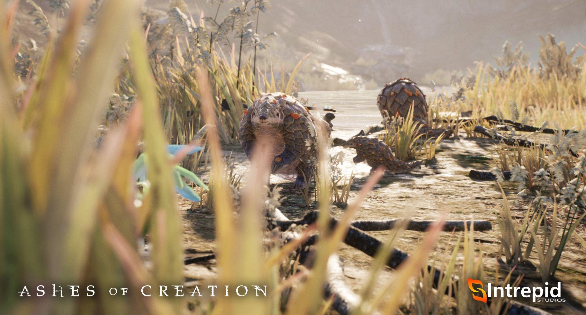 A paladin like creature family sits by the water's edge.