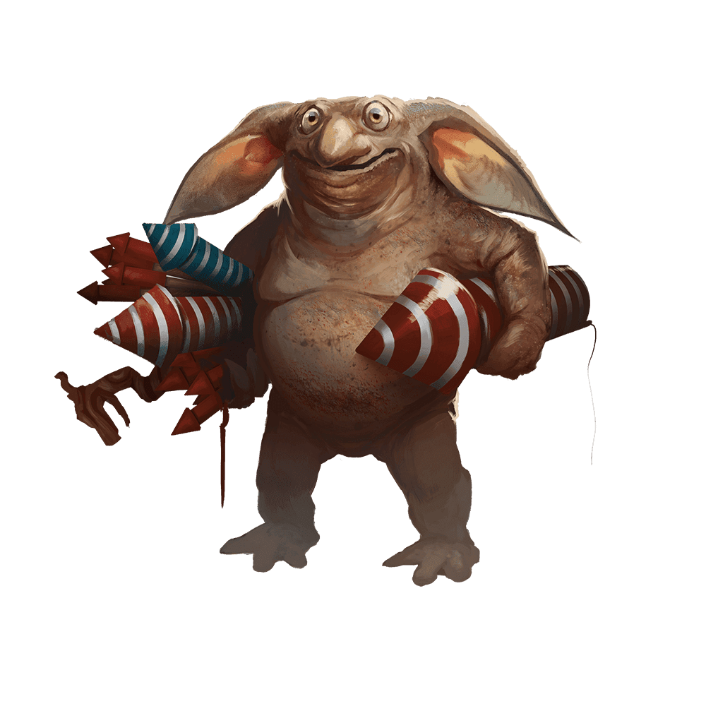 A happy troll with giant ears carries an arm full of fireworks.