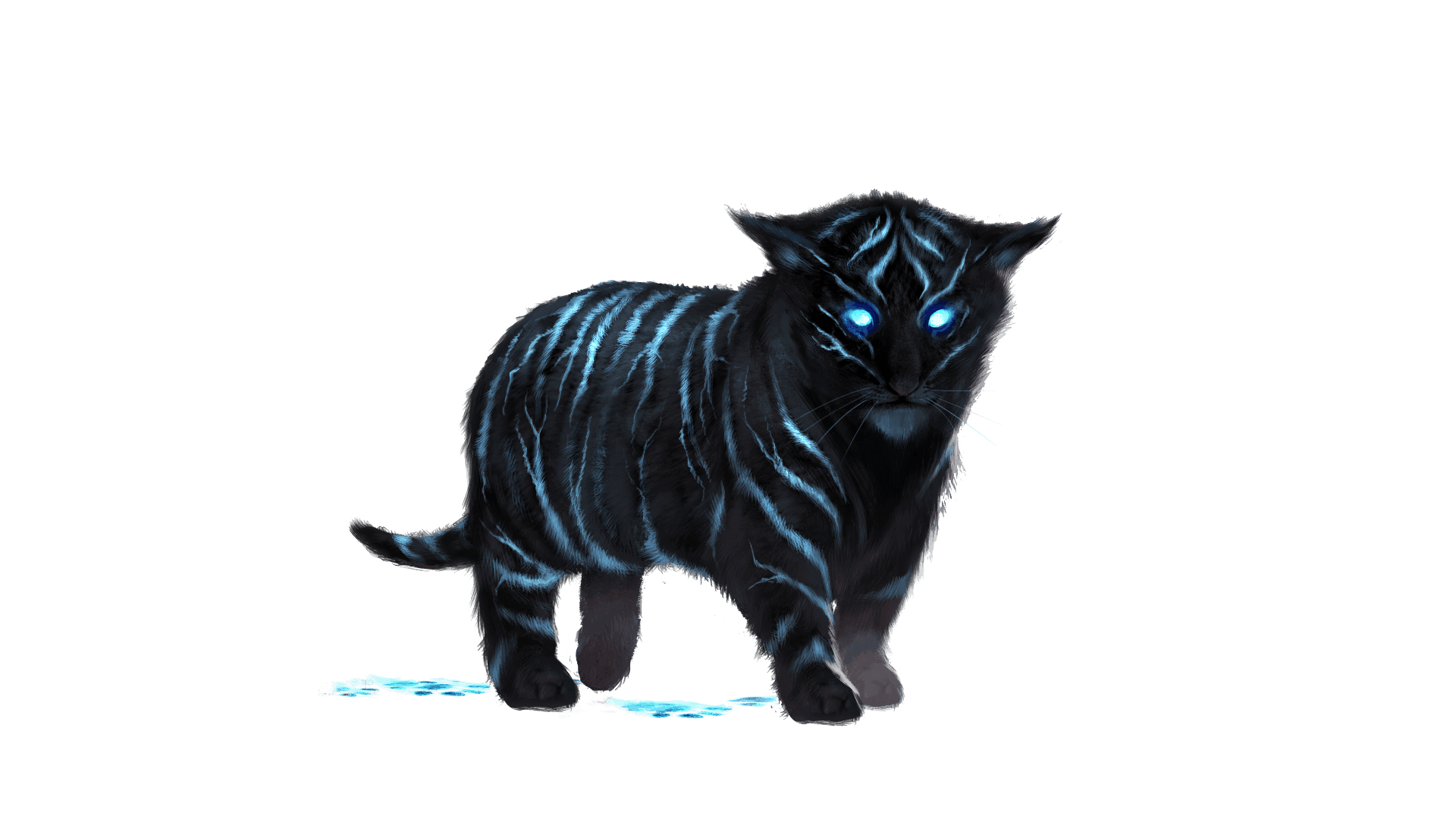 A miniature tiger with black fur and glowing blue stripes and eyes