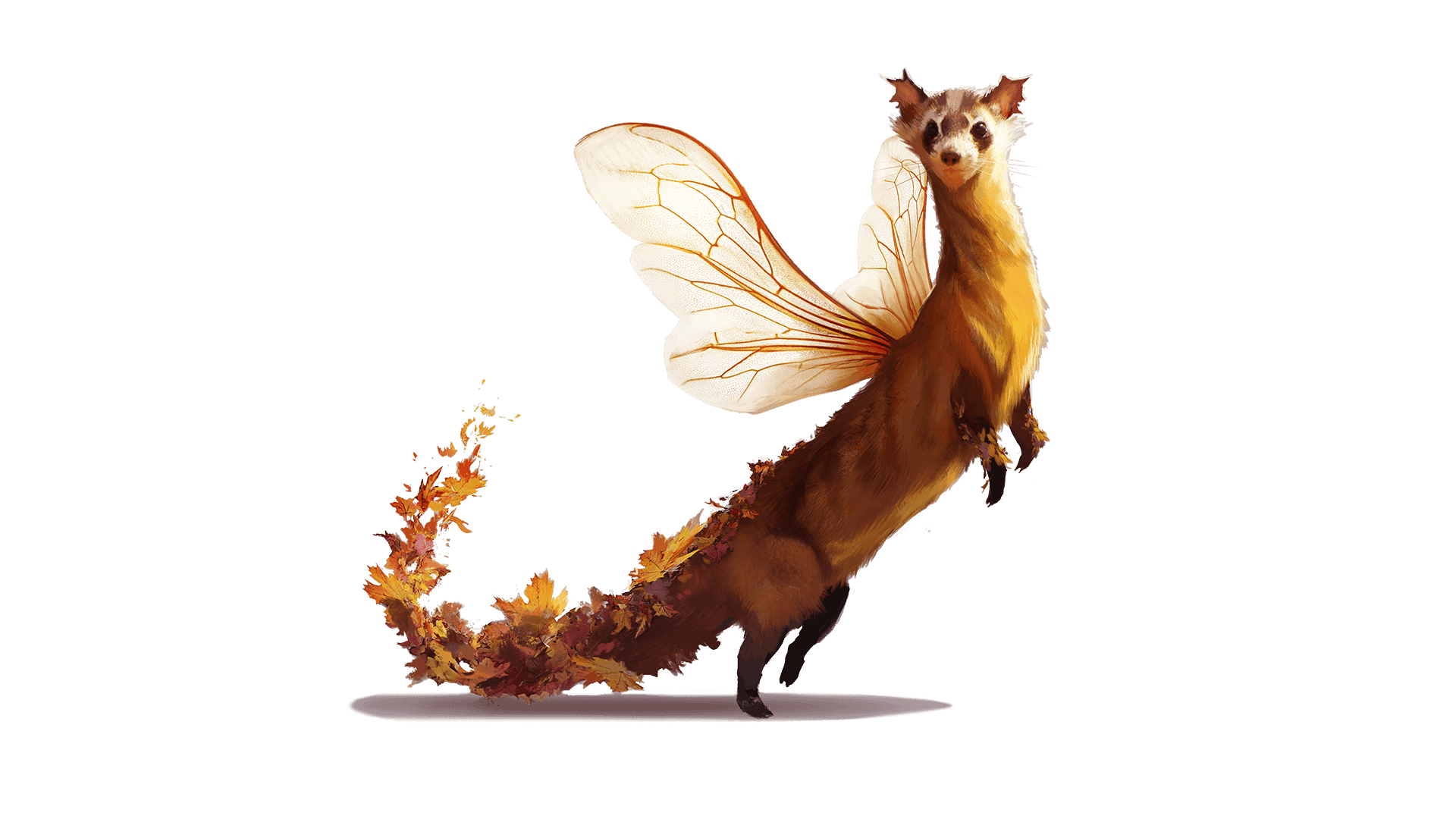 A brown and red stoat creature stands up on its hind legs while looking over its shoulder. It has a tail made up of autumn colored leaves and orange and white dragonfly wings.