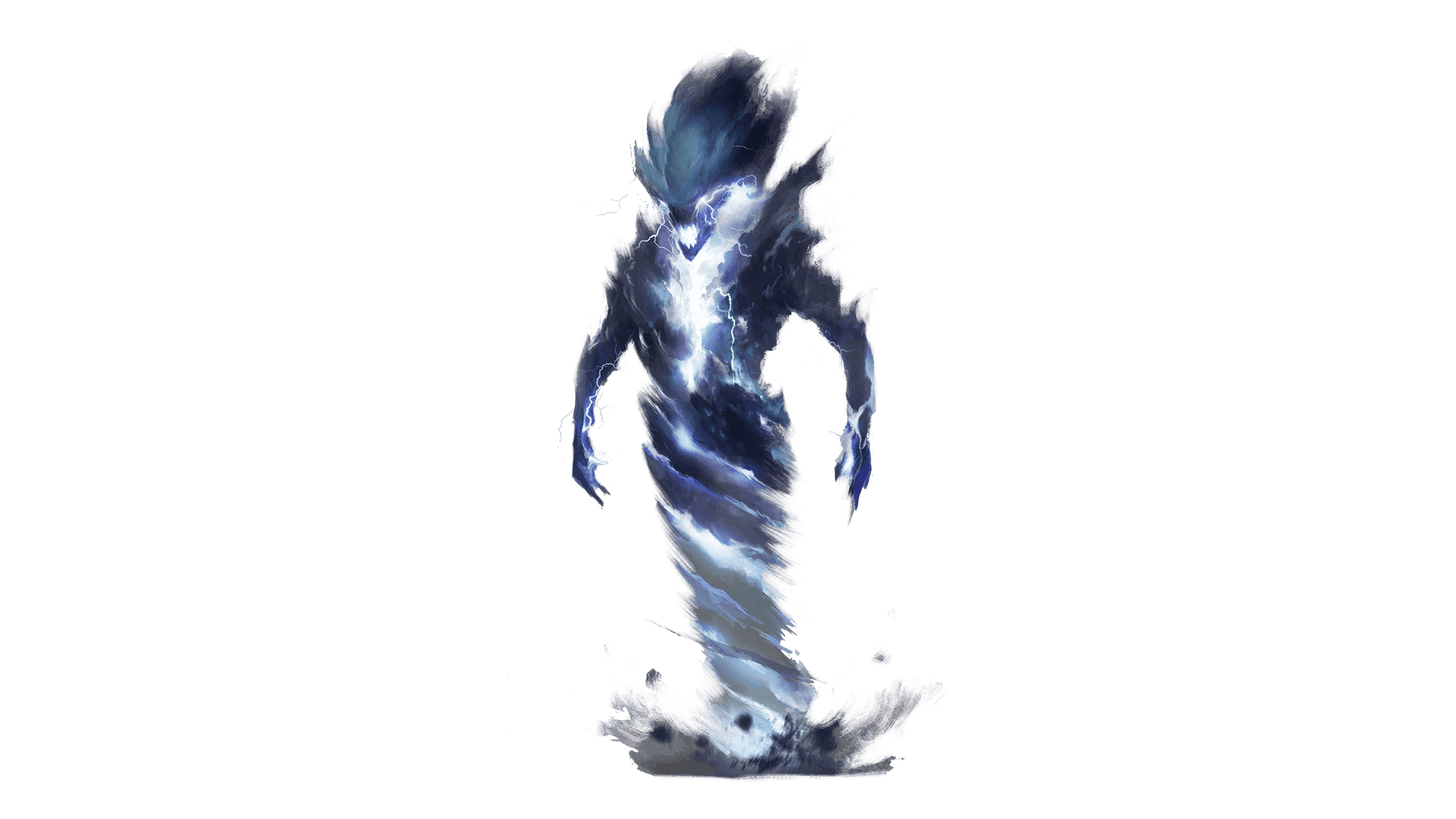 A tornado creature with arms and lightning bolts for eyes looks angrily down towards the ground. 
