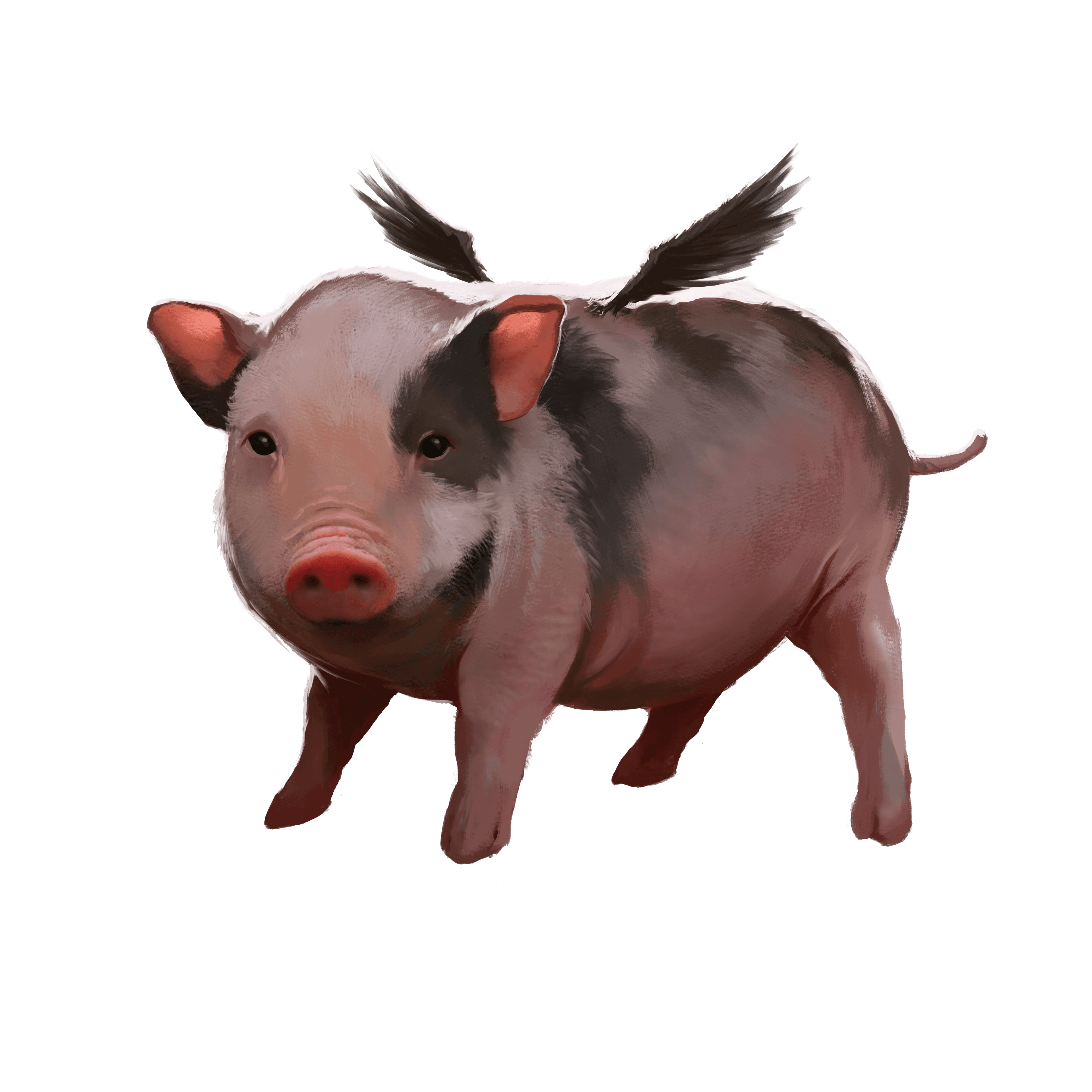 A fuzzy pink and black spotted pig with little tiny black wings.