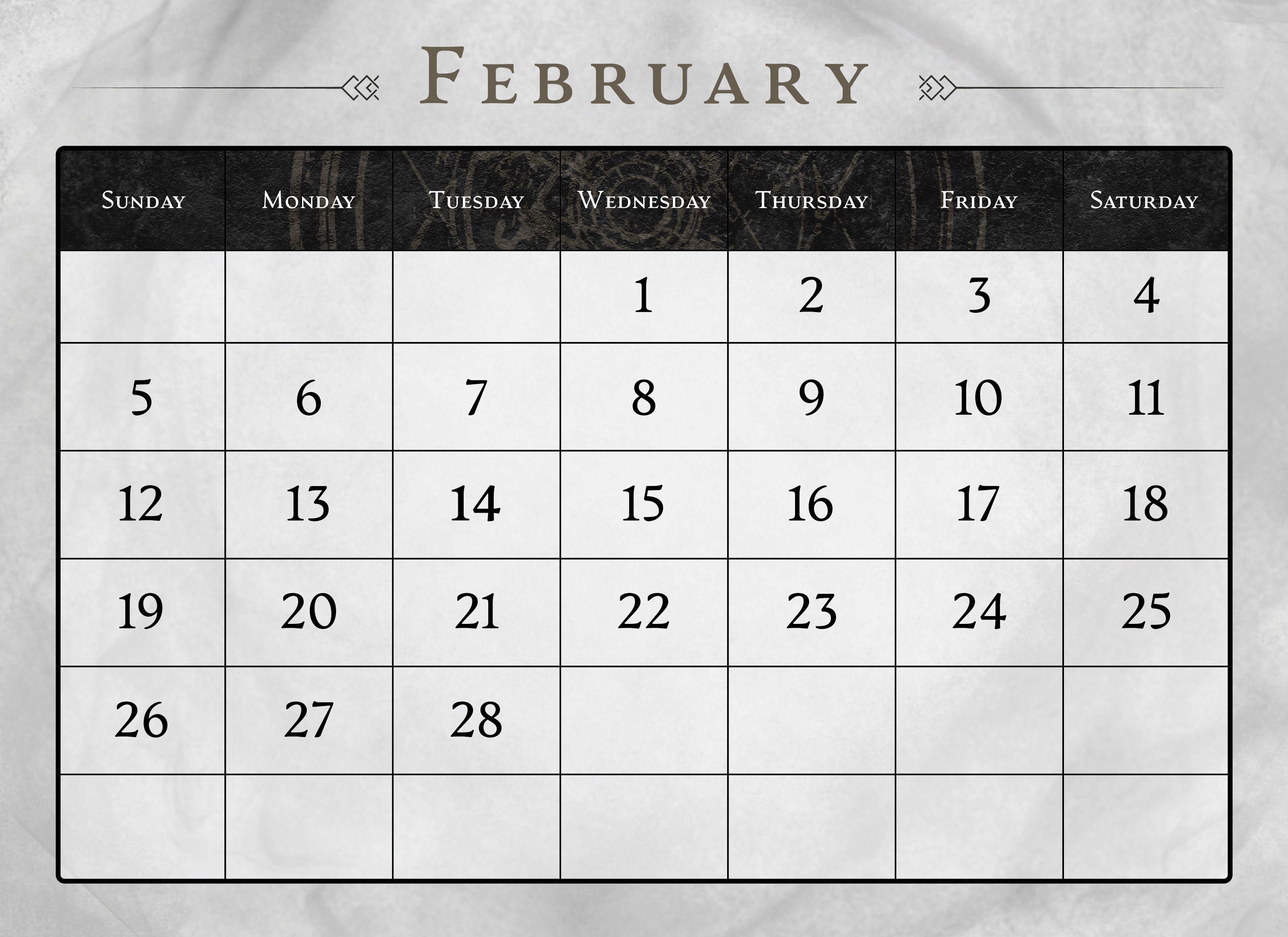 Calendar page for February