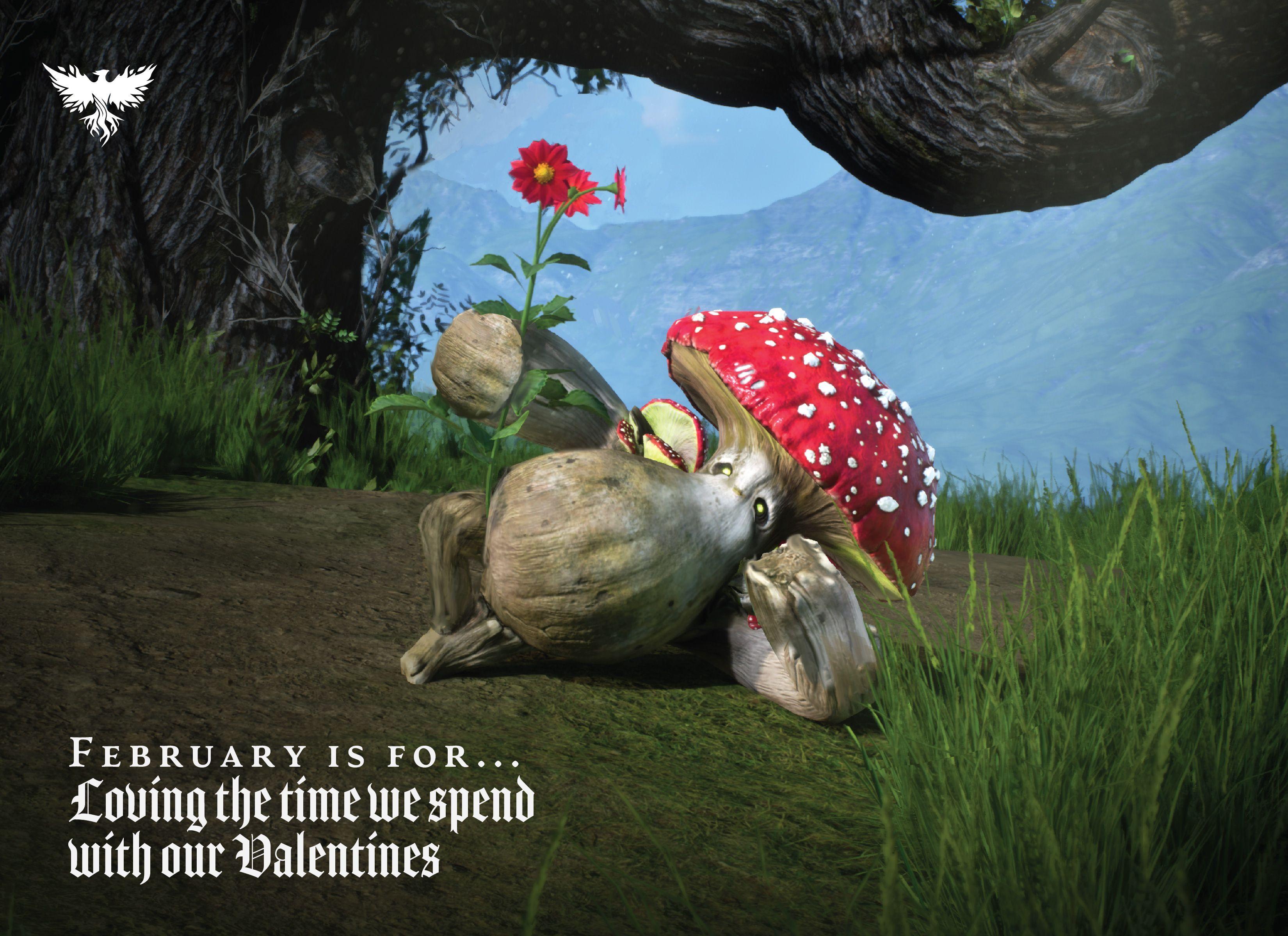 A mushroom with a red top and white spots lounging in a field with one arm holding its head up and the other holding a flower out