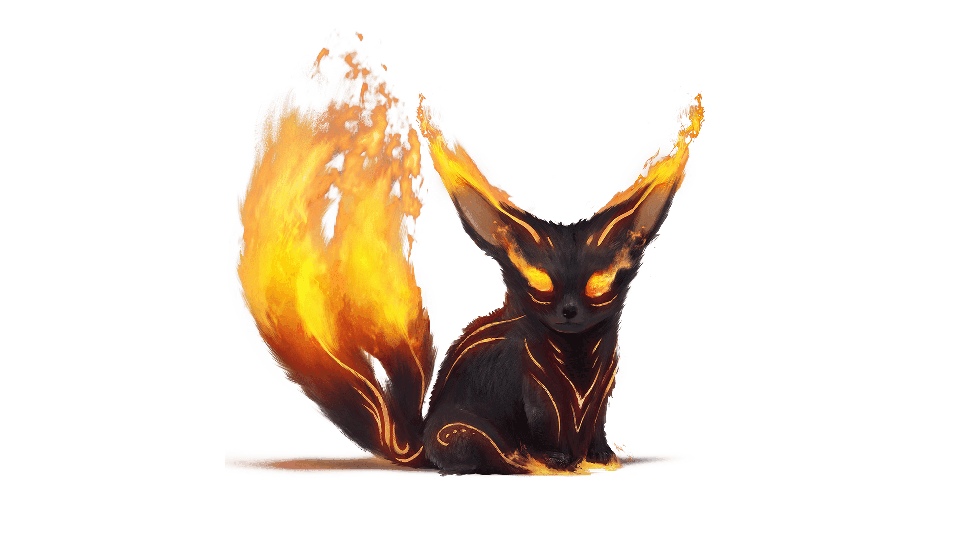 A black furred kit like creature sits on all fours with two fire tails, fire eyes, and fire ears.