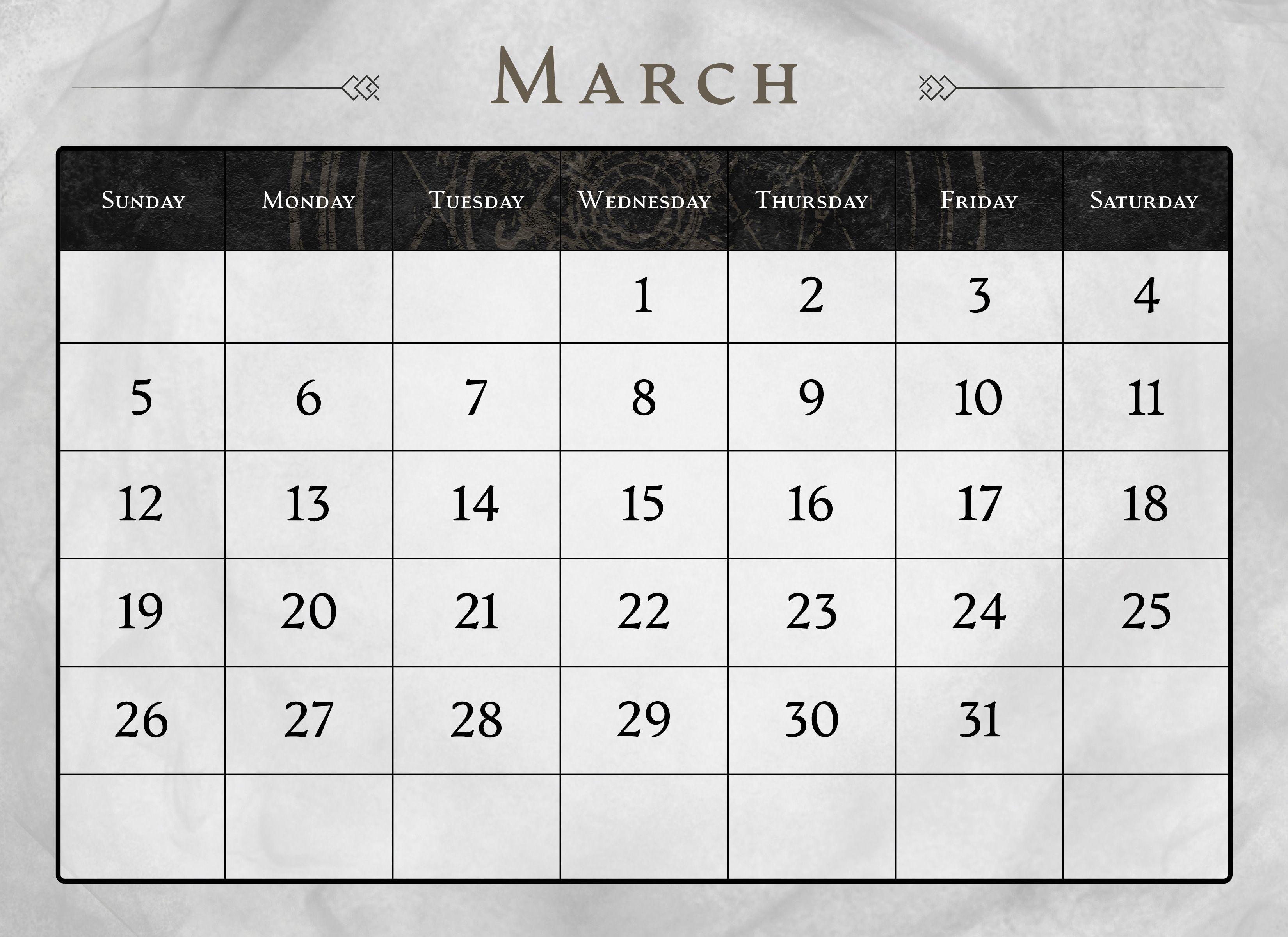 Calendar page for the month of March