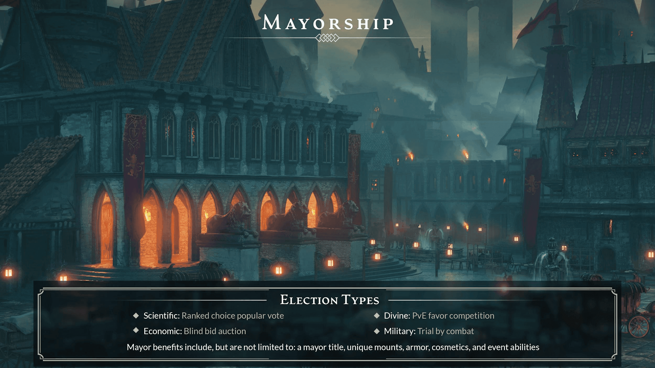 Evening scene of the ground level inside of a Kaelar village. Orange lights come out of stone archways in a large building on the left