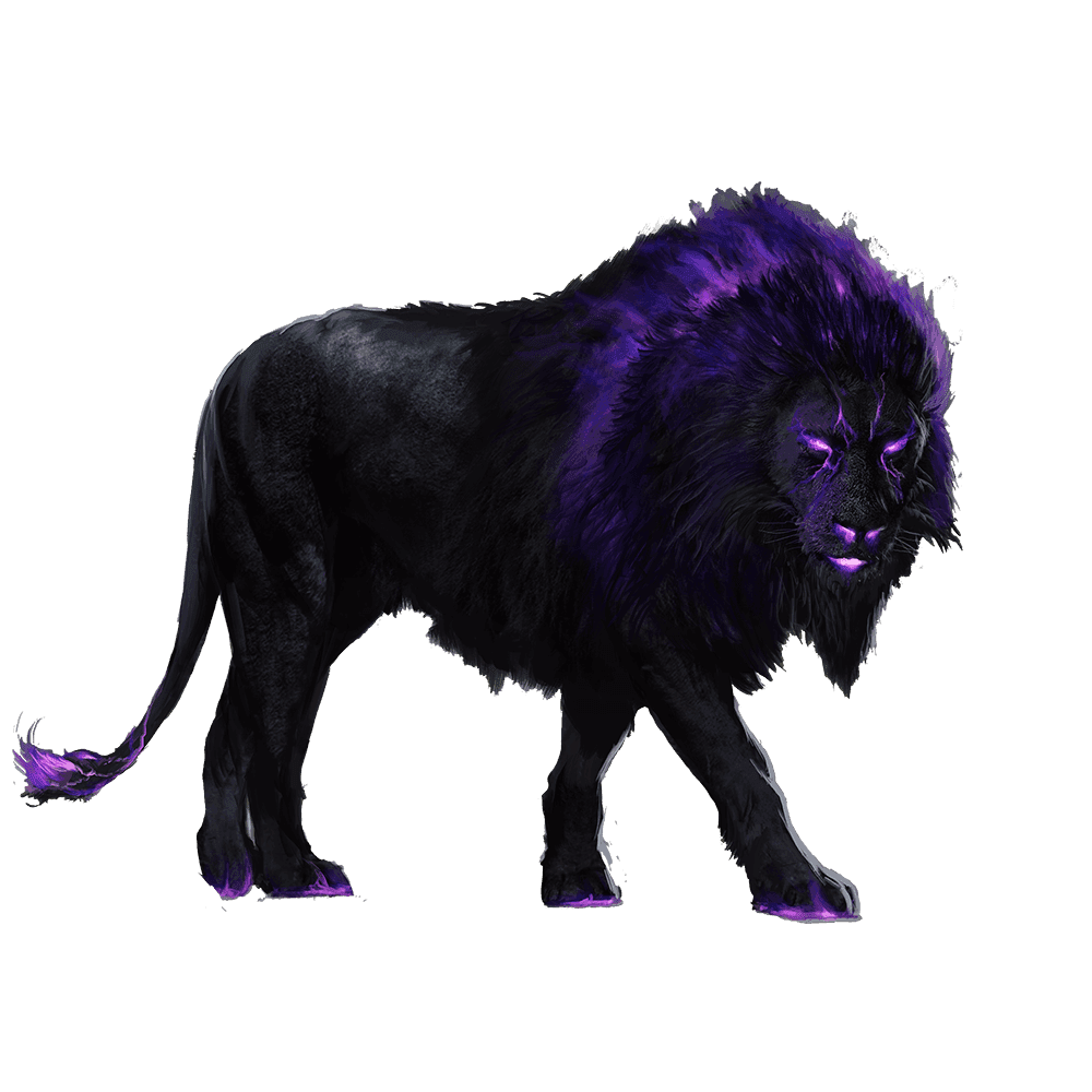 Prowler of Perdition resembles a black lion with flaming purple hair highlights and glowing purple eyes