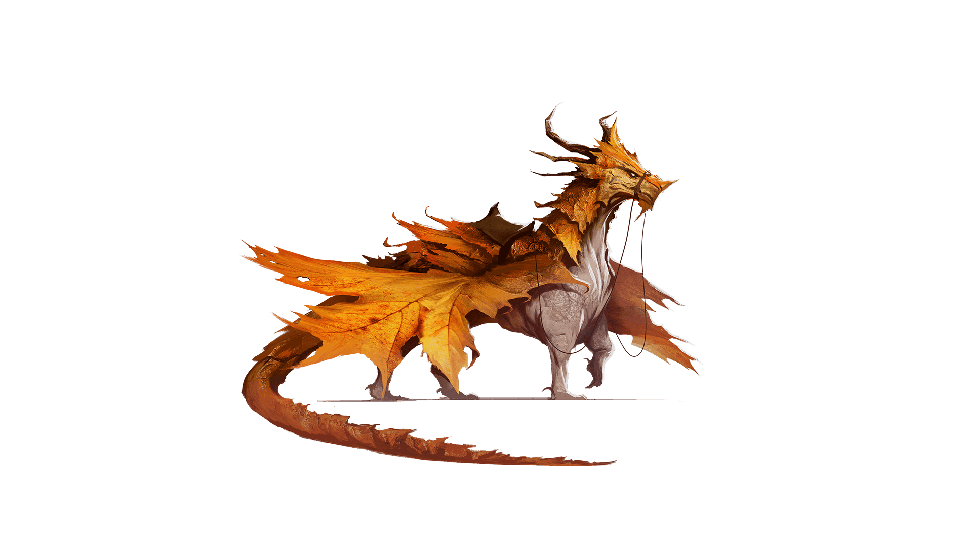 An autumn colored dragon stands proud with a leather saddle on its back ready to be mounted.  It stands with one leg up and its massive orange leaf shaped wings hang open by its side.