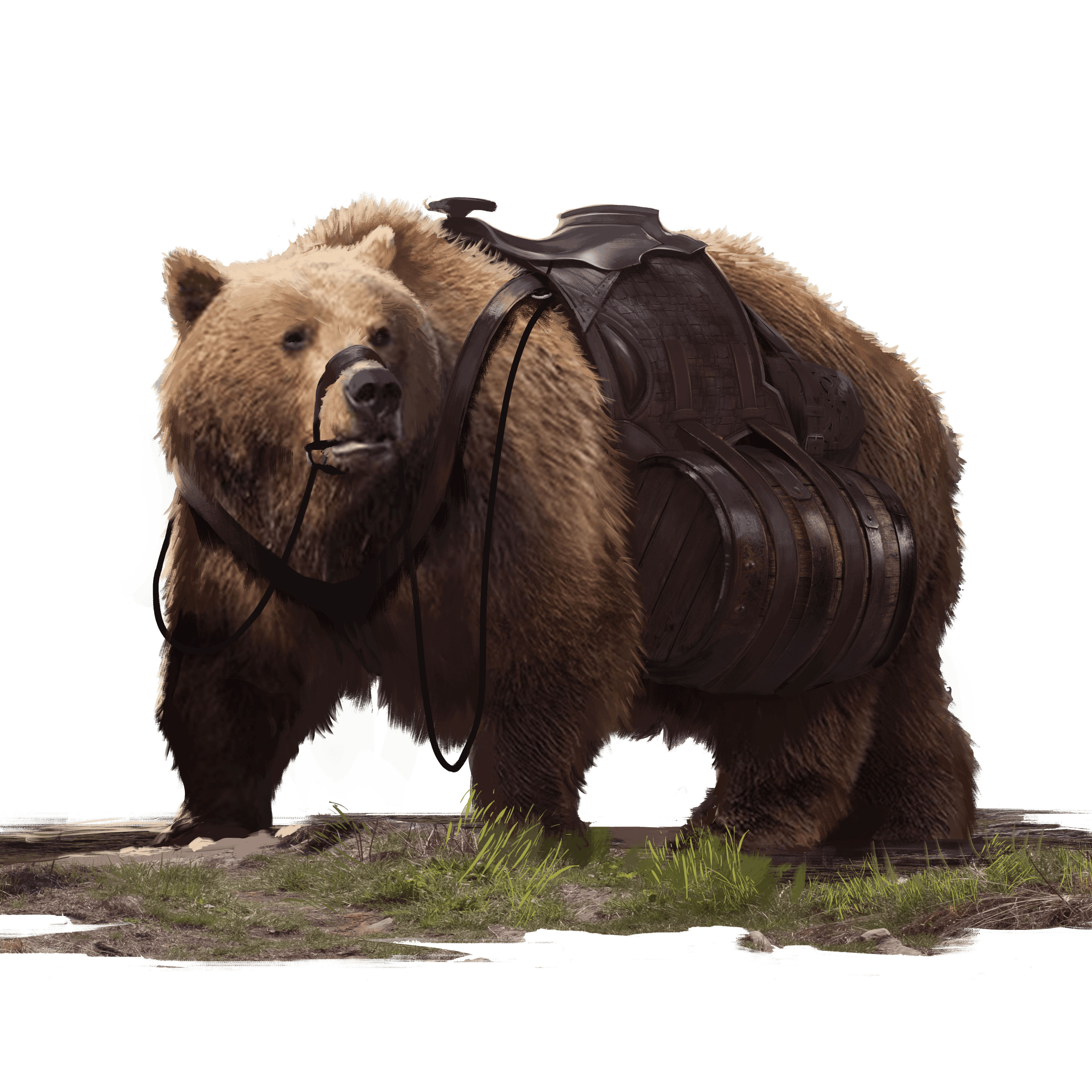 A giant brown bear with a giant leather saddle carries a barrel on its side.