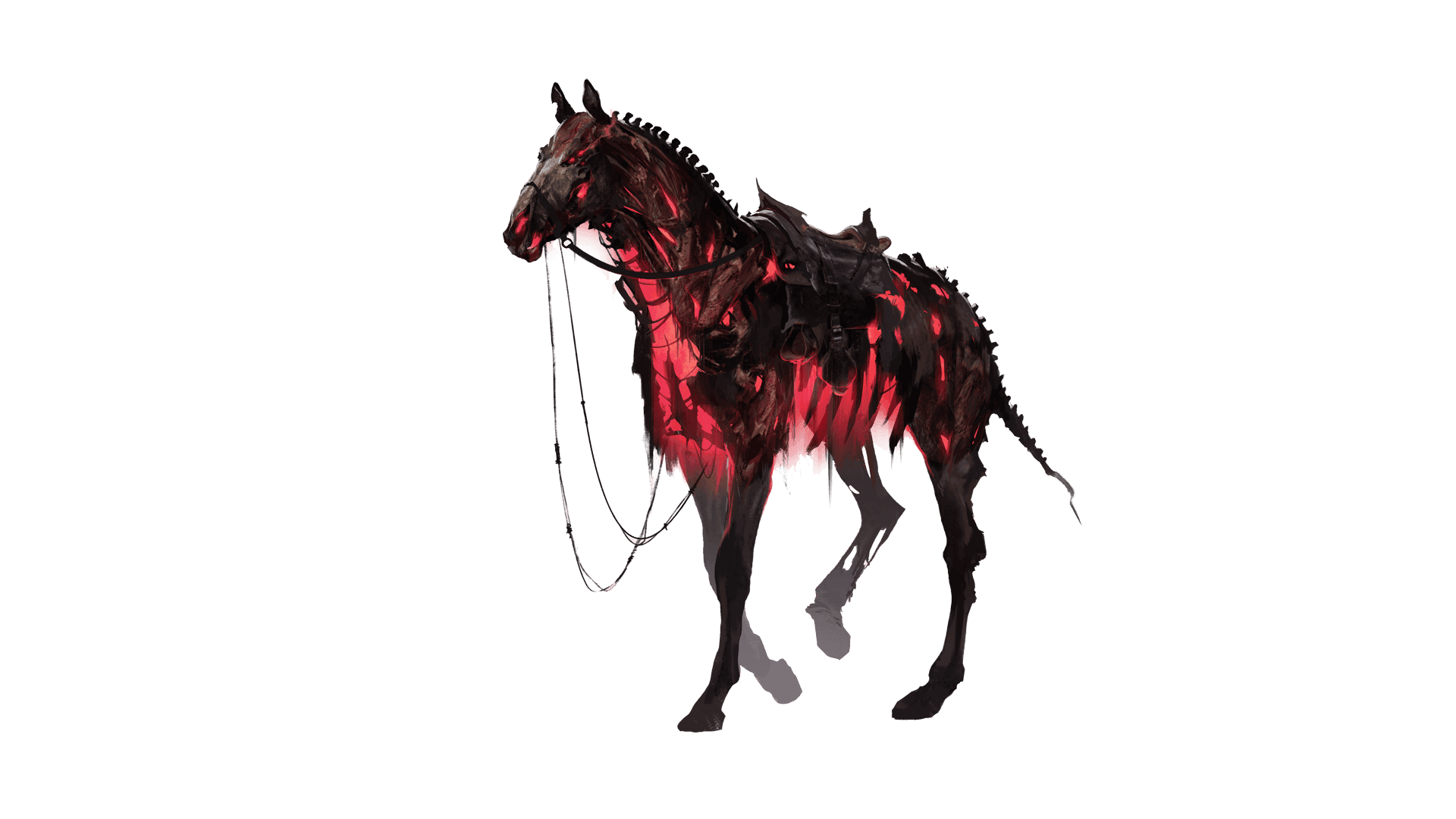 A horse like creature with glowing red eyes stands facing to the side. The horse's pelt has holes missing from it and red light glows from underneath.
