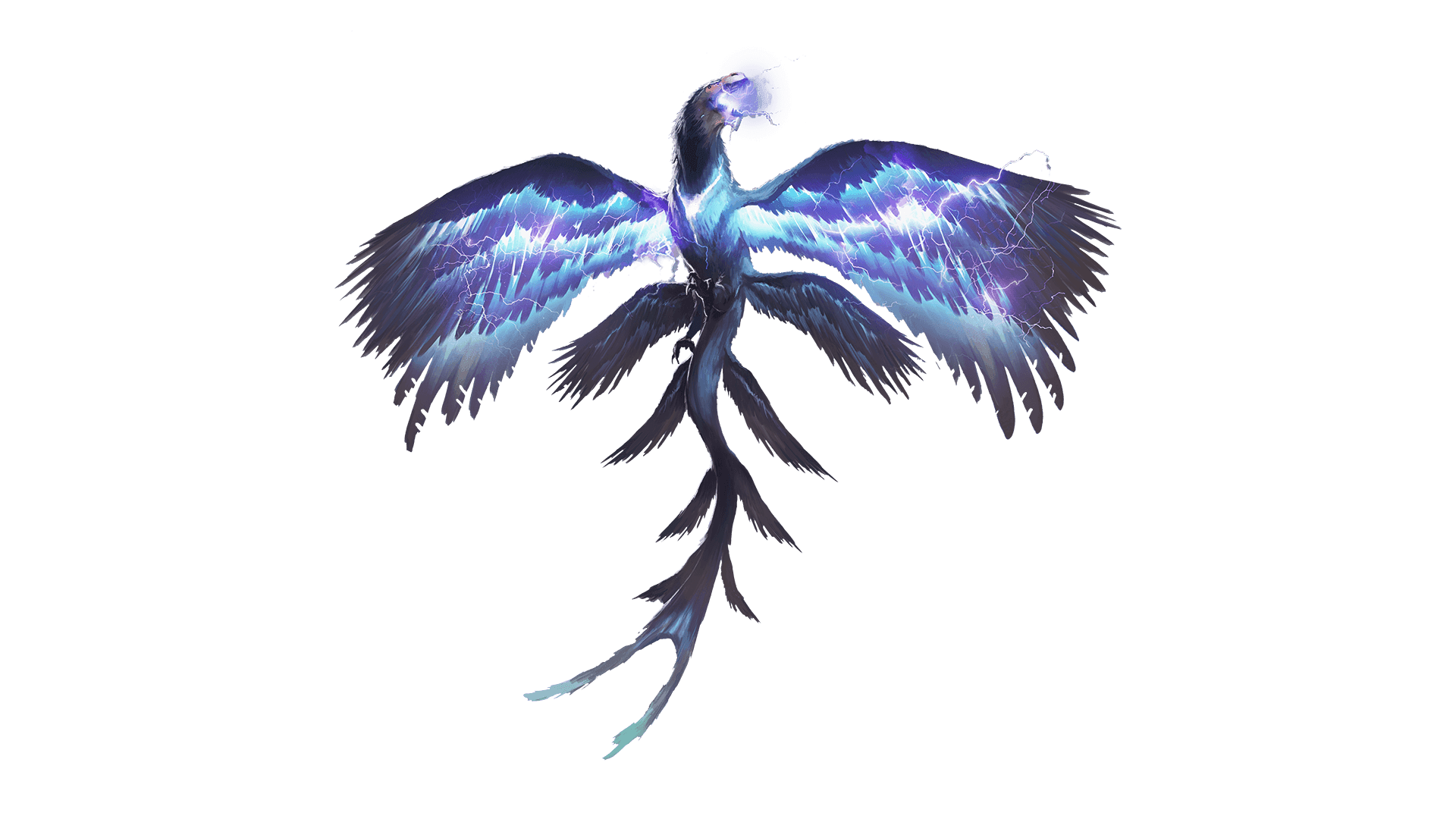 A bird like dragon with purple and blue feathers and a long tail flies upwards towards the sky. Purple bolts of lightning come out of its wings and mouth.
