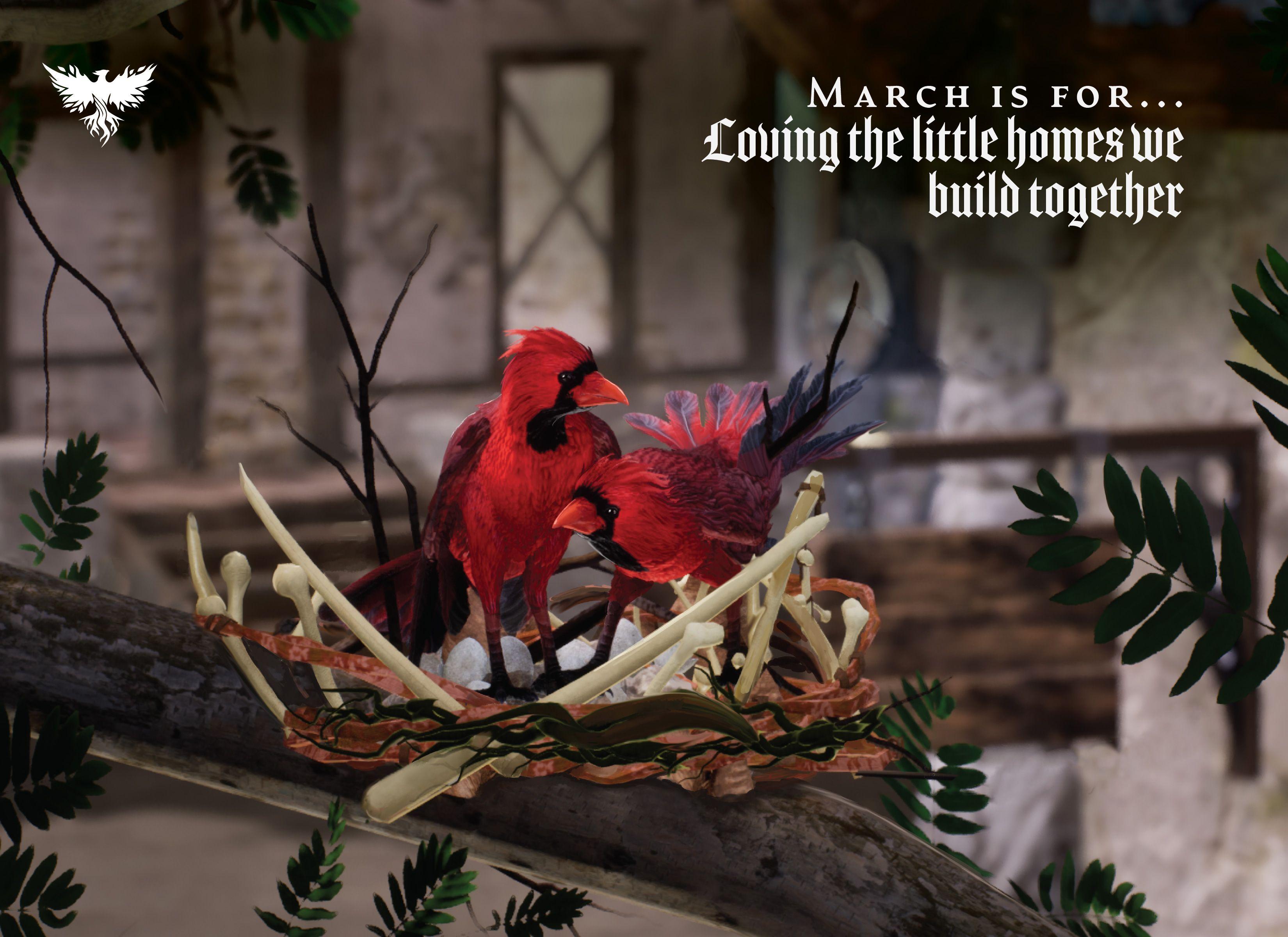 Two cardinals nestle up next to one another in a nest made of bones 
