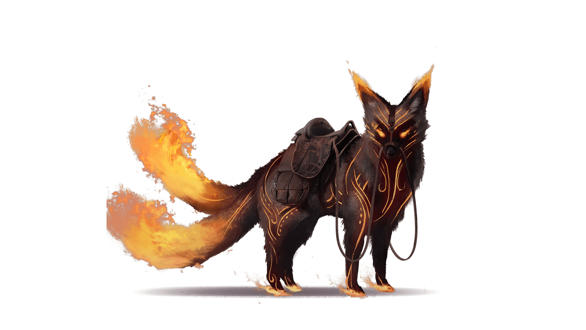 A black furred foxlike creature sits on all fours with two fire tails, fire eyes, and fire ears. The fox has fire swirls in its fur and a saddle on its back,