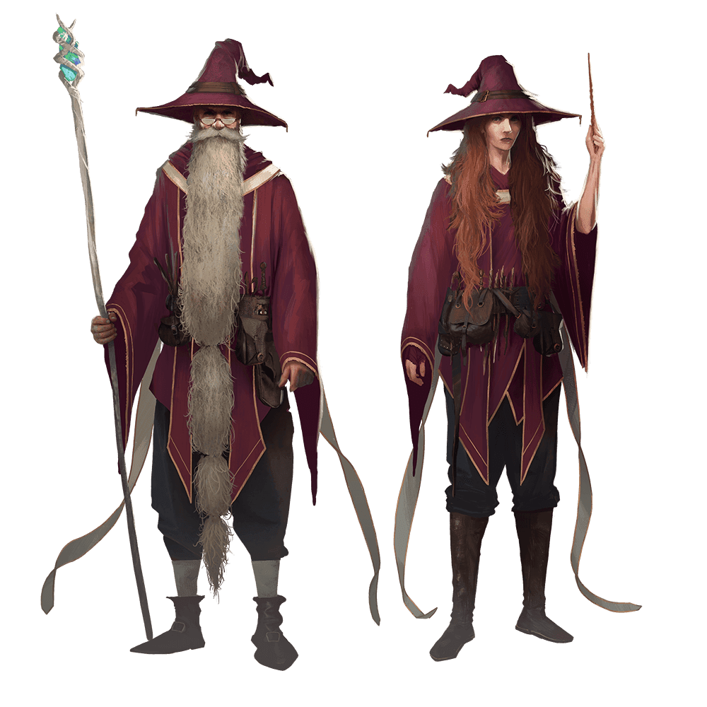 Two wizard like characters with red robes and hat stand facing forward. One has a staff while the other a wand.