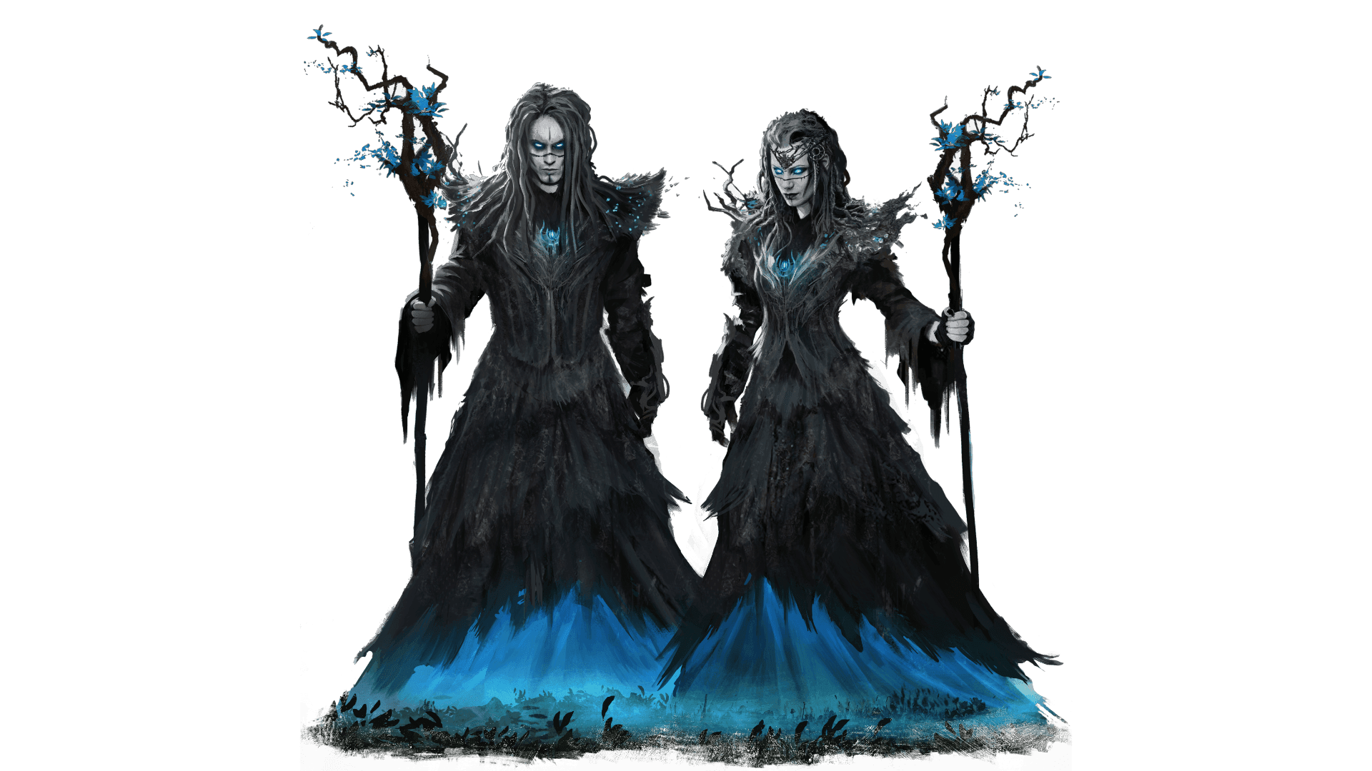 Two colorless beings save for the glowing blue bottoms of their cloaks and eyes stand facing forward. Each one wears midnight black clothes with pointed shoulder pads. They both hold a black branch in their hands with glowing blue leaves.
