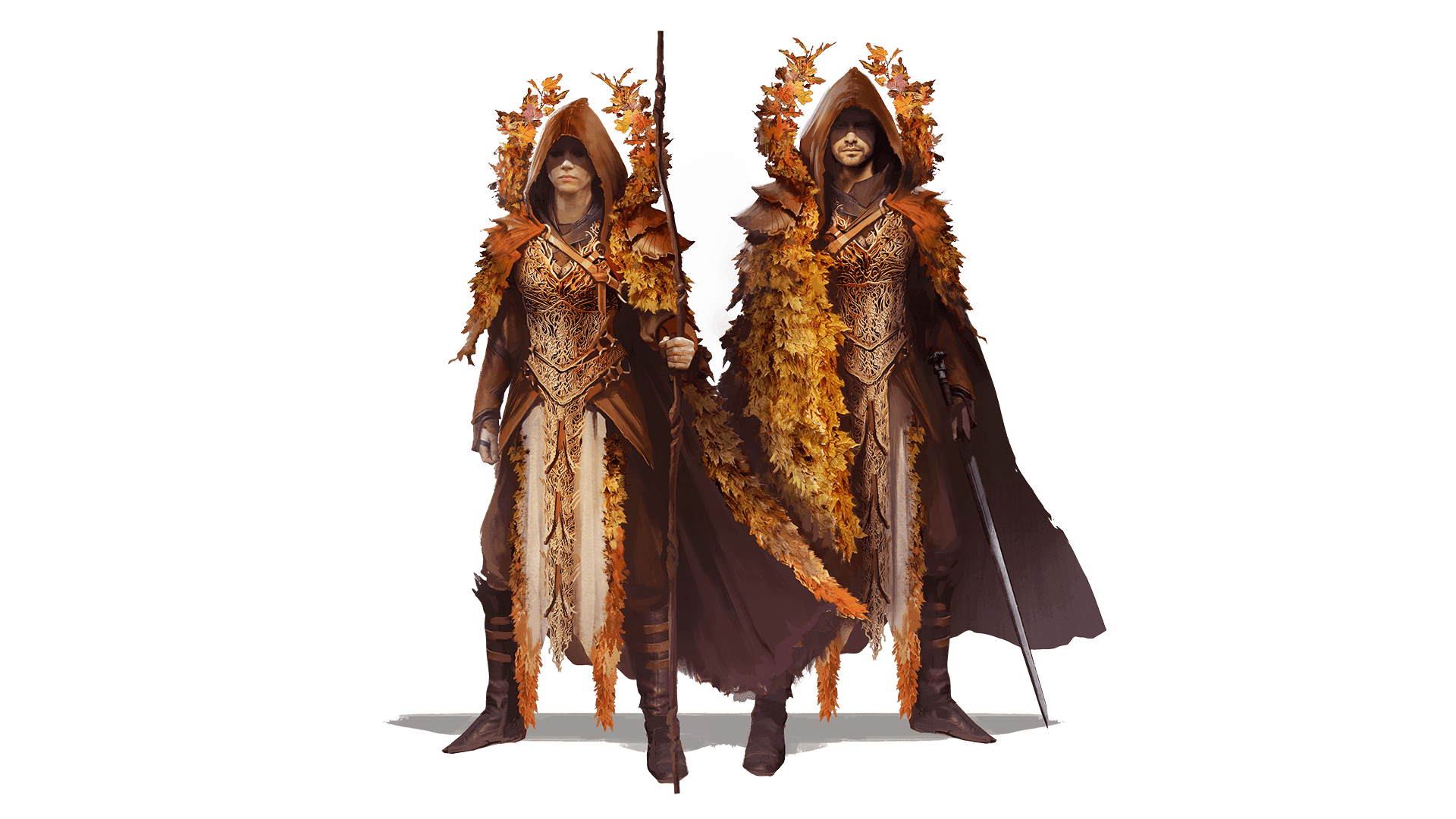 A male and female character stand side by side. They both wear robes of brown underneath a lavish golden breastplate. Both have a hood on and a cloak made up of autumn leaves. The female holds a stick, while the male, a sword.