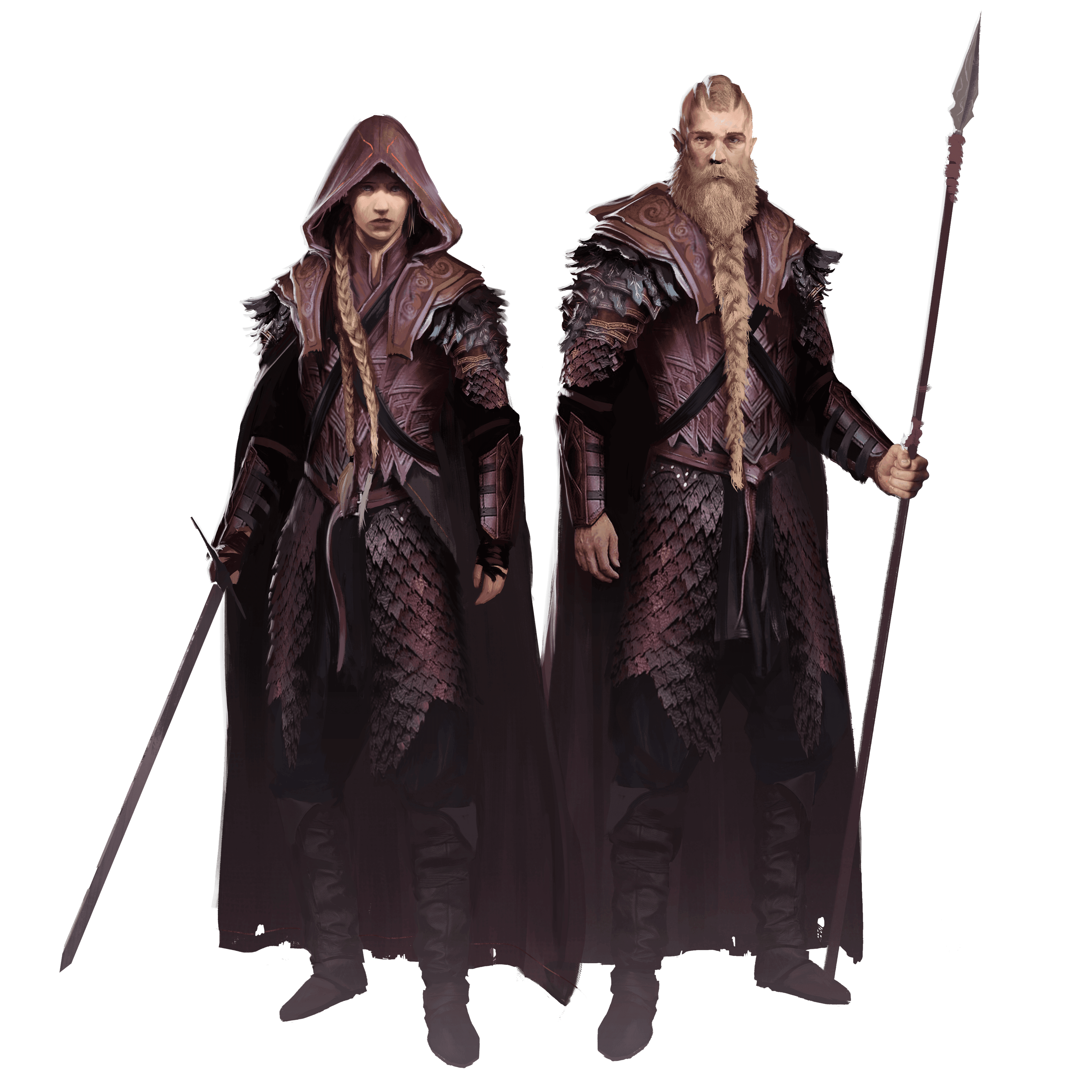 A male and female wear purple armor. Both are blonde with fair skin. The woman has two long blonde braids coming down her side while the male has one long beard braid.