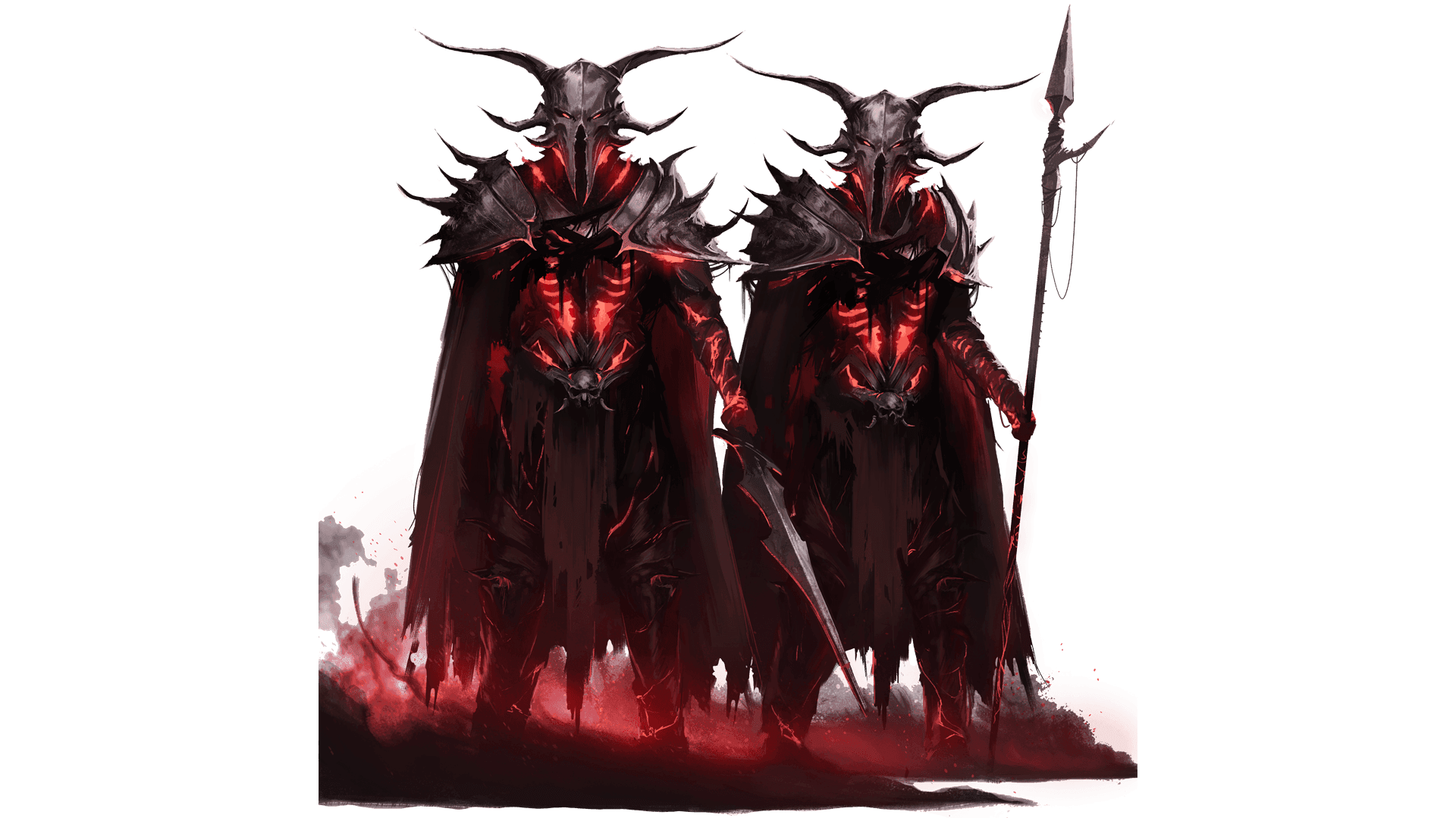 Two beings stand side by side each wearing brown ripped clothing with red glowing from beneath those tears. The each have a metal skull belt buckle and metal spiked shoulder guards. They also have a skull shaped mask with 6 horns coming off of it.