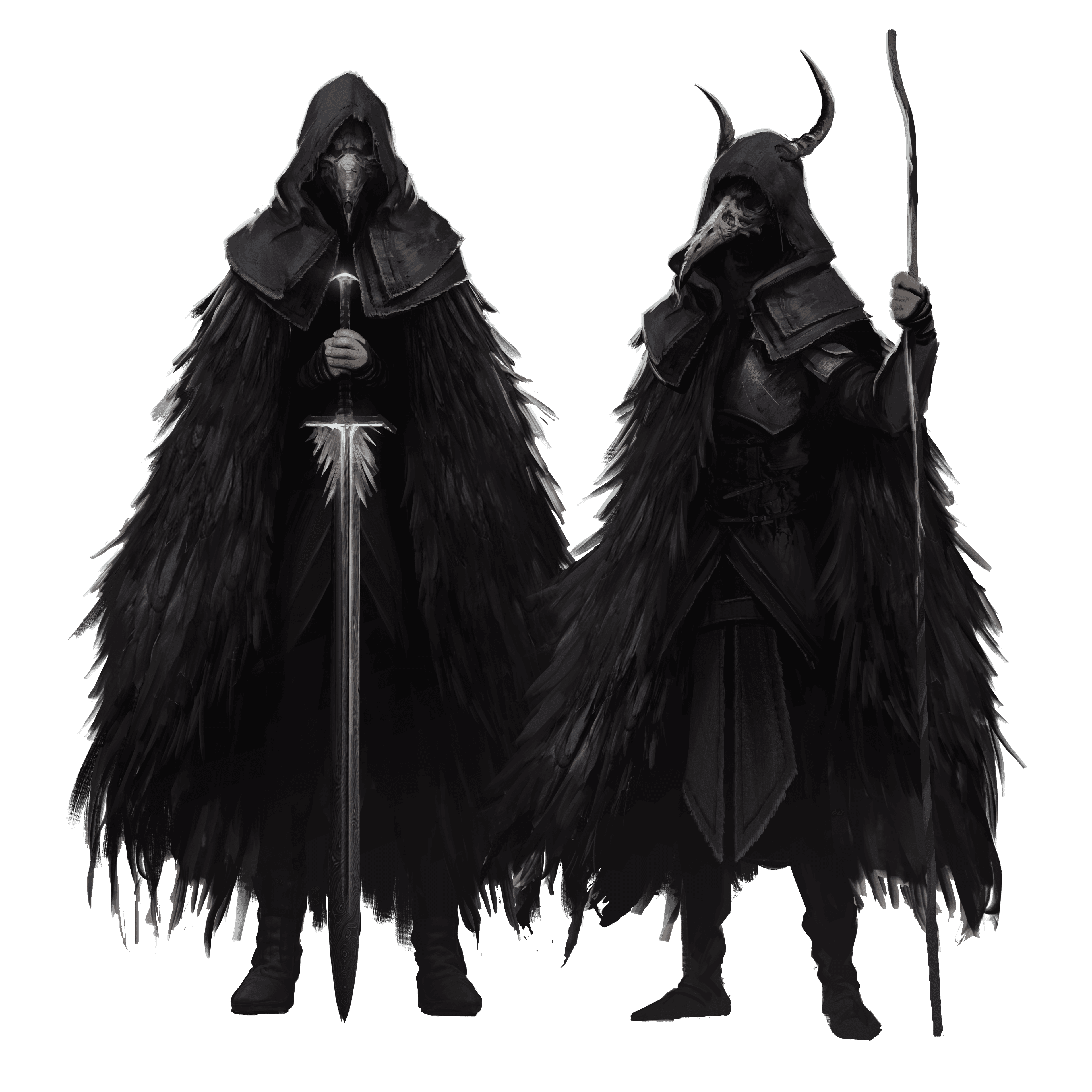 Front and side view of the Corvid Castigator costume which resembles the black feathers and beak of a crow