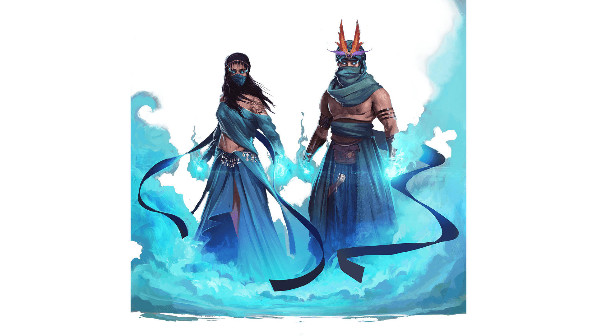 A male and female stand with partial blue cloths on. They both wear scarfs around their moths and have glowing blue eyes.