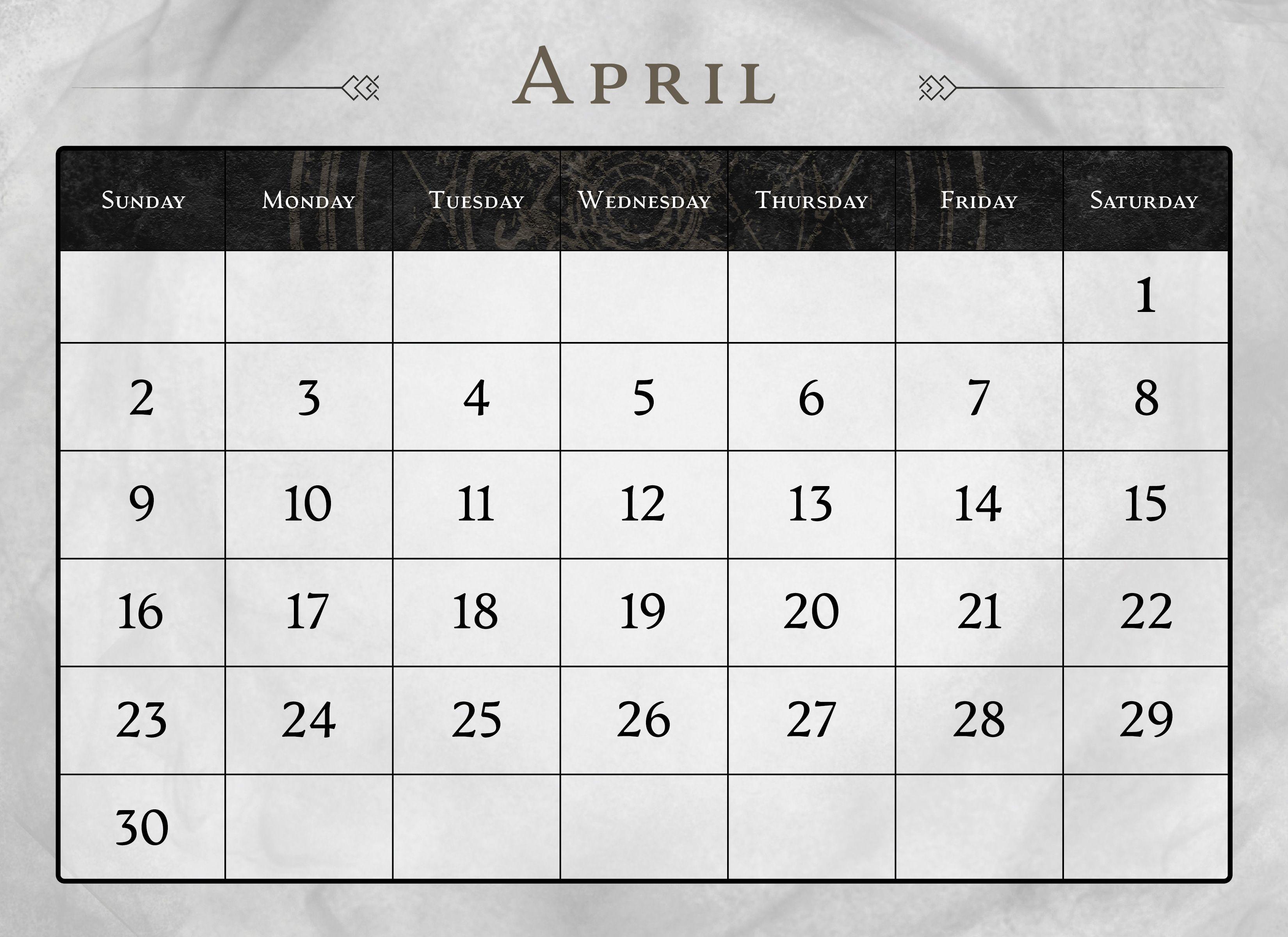 Calendar page for the month of April