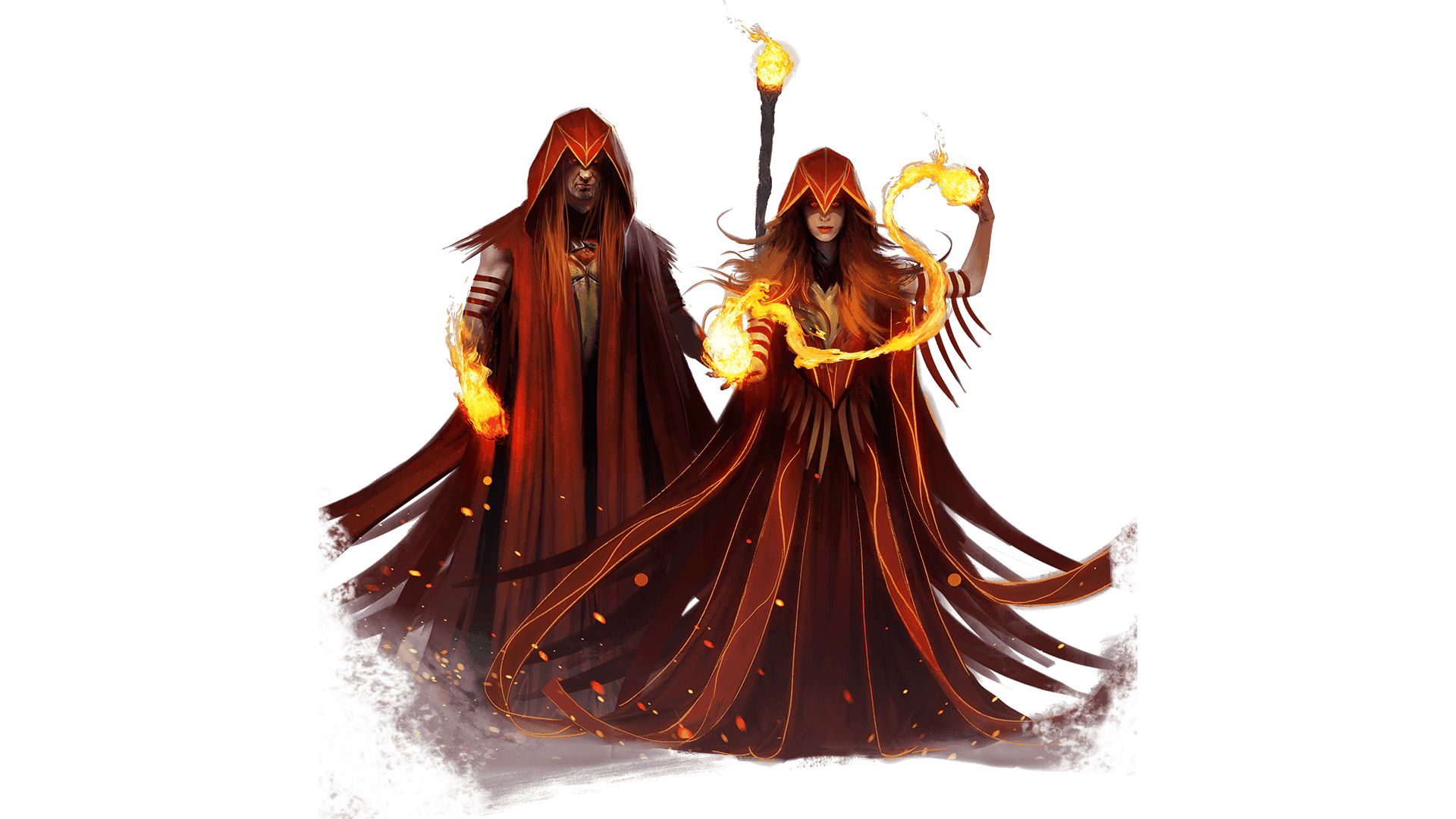 A male and female stand with flowing red robes and hoods. The both have glowing red eyes and play with fire in their palms.