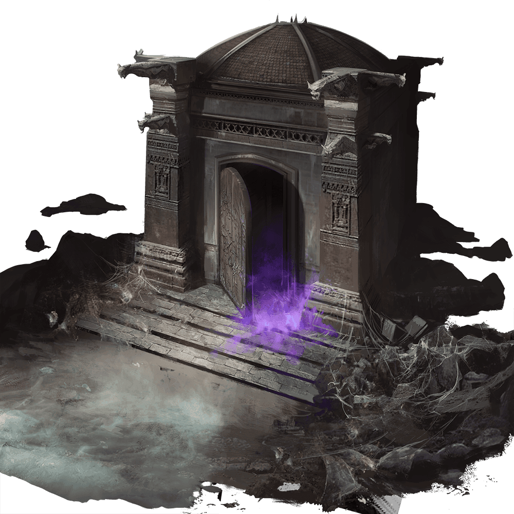 The outside of a stone building with a large arch for the doorway and purple glowing mist coming out of it