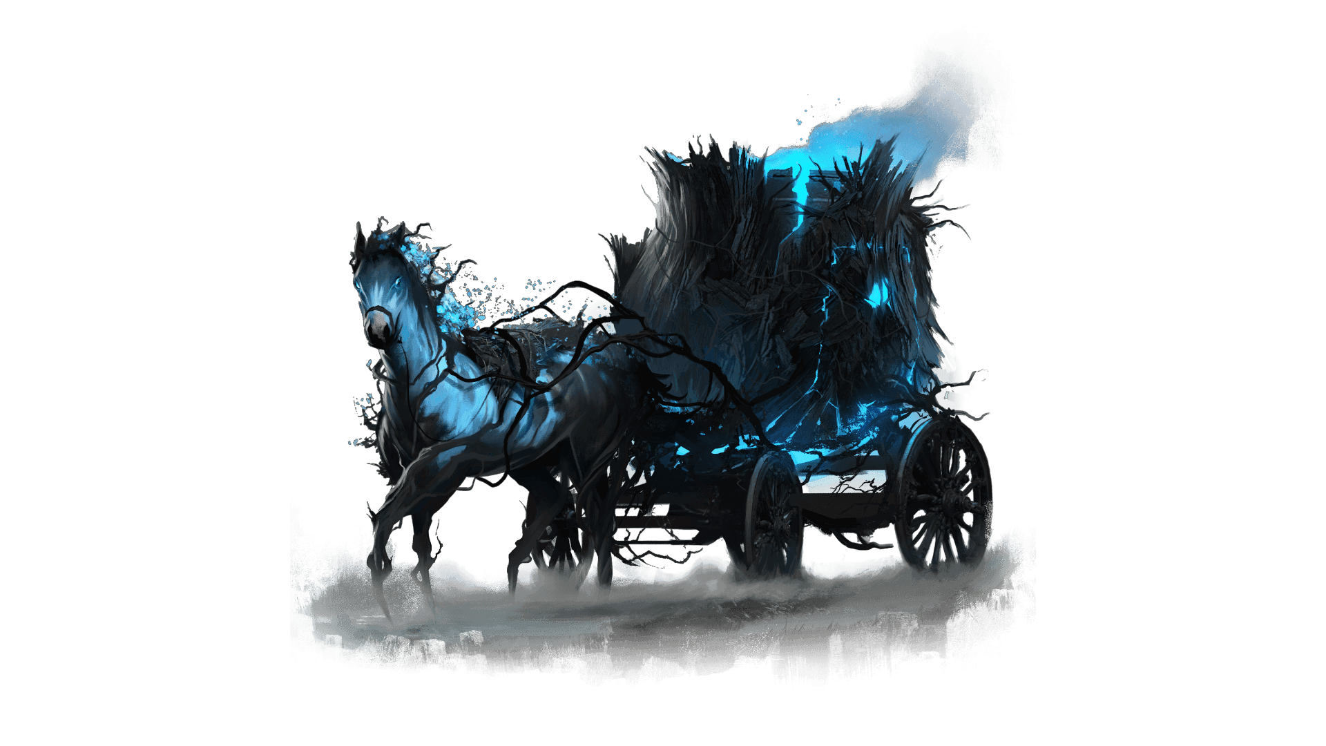 A giant black cauldron shaped carriage is crafted of branches and has an opening at the top where blue light and steam escape. The carriage is pulled by a single frayed copse steed.