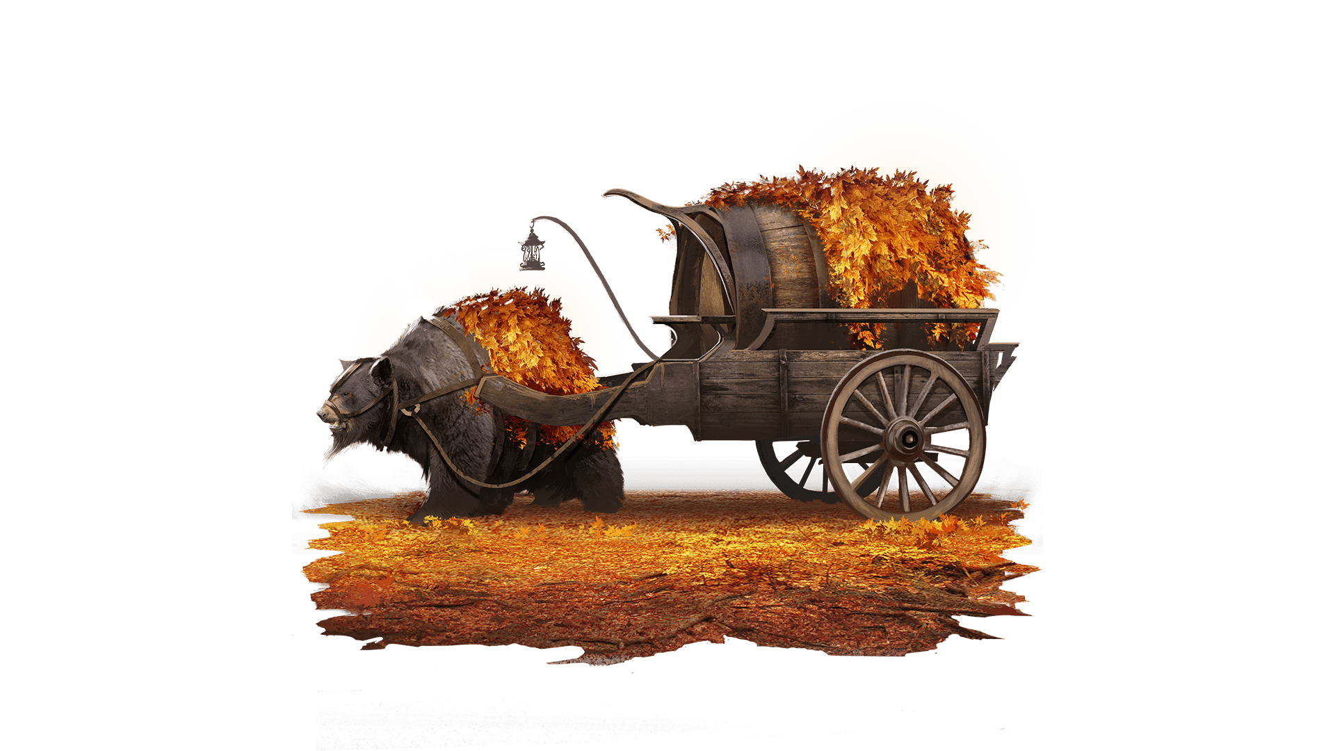 A giant wooden barrel sits atop a wooden two wheeled cart. The top of the barrel is covered in autumn colored leaves and is pulled by a black bear looking creature.