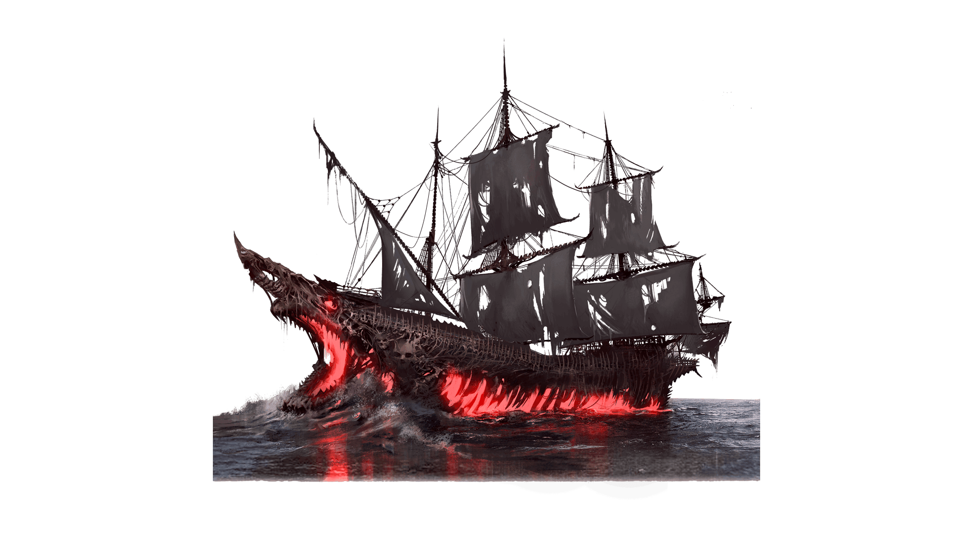 A ghostly ship crafted of what looks like bones, has a figurehead of a shark with its mouth open. Red light glows out of the mouth as well as the base of the ship as torn sails push it forward against the rough sea.