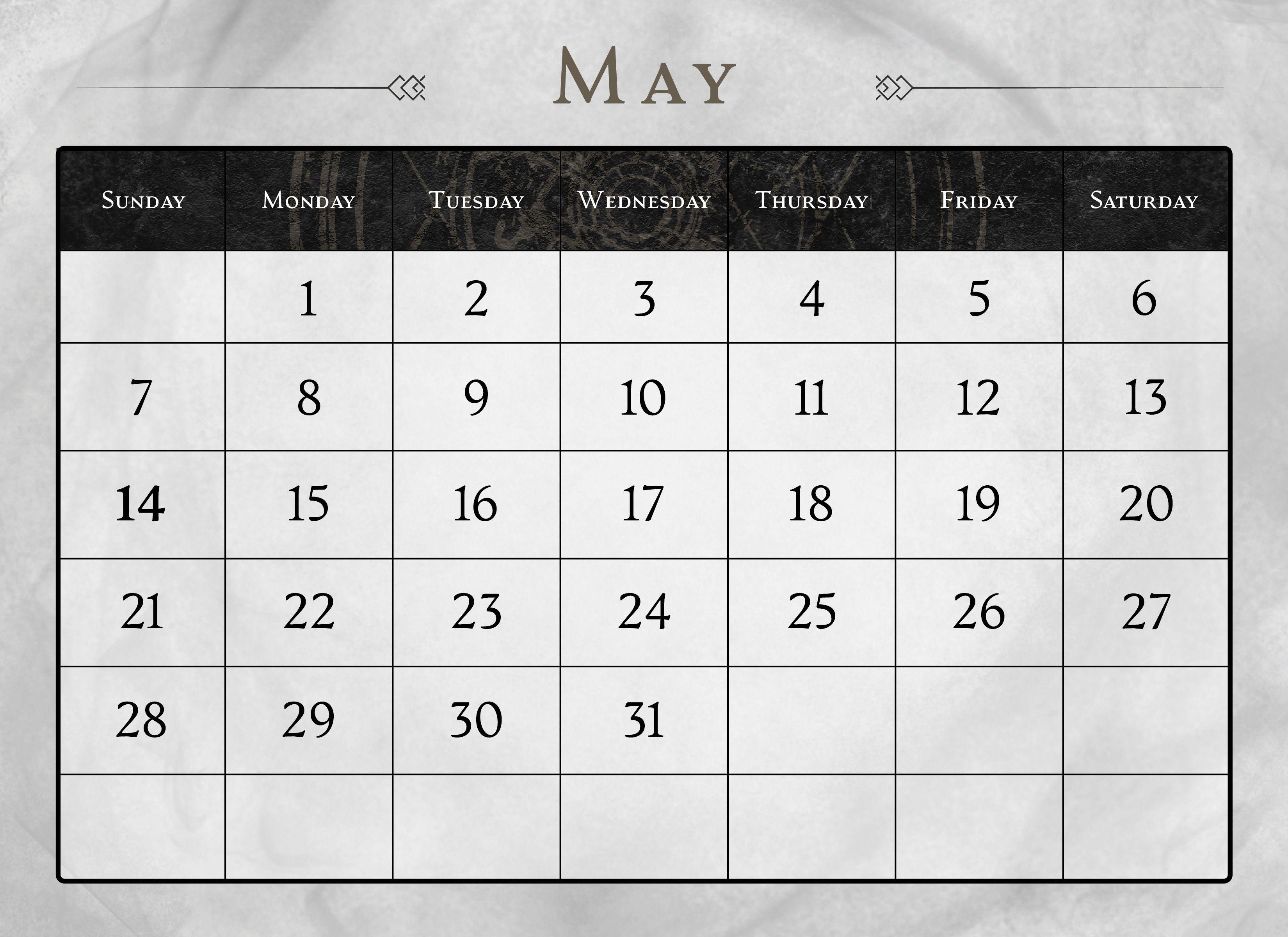 Calendar page for the month of May