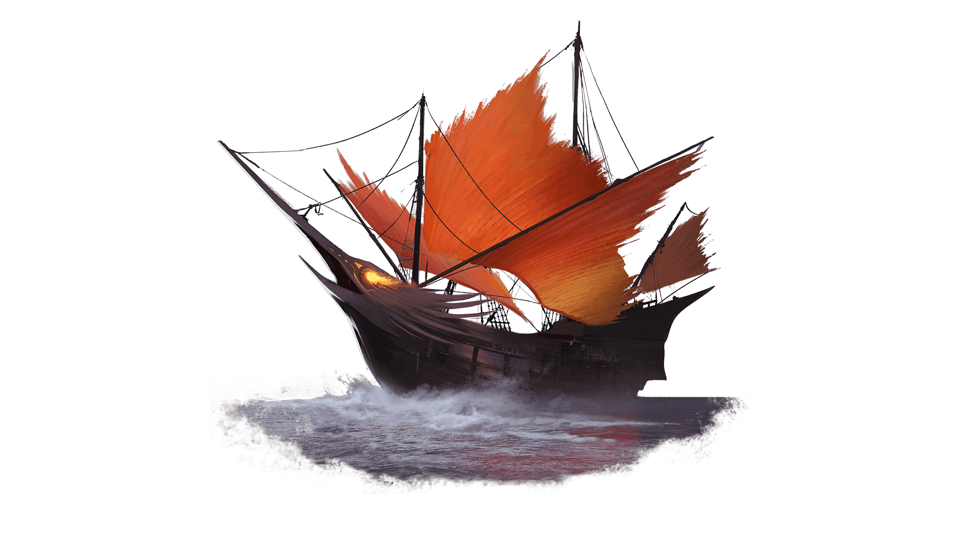 A giant wooden boat that is in the shape of a sailfish. The eyes of the fish are glowing with fire while the red sails resemble the fins of the fish.