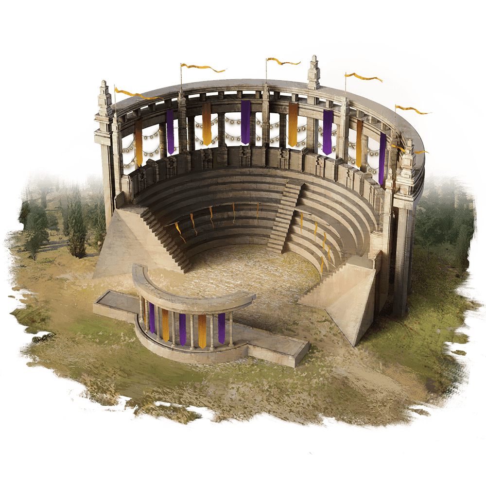 An amphitheater made of stone sits empty with orange and purple flags waving in the wind.