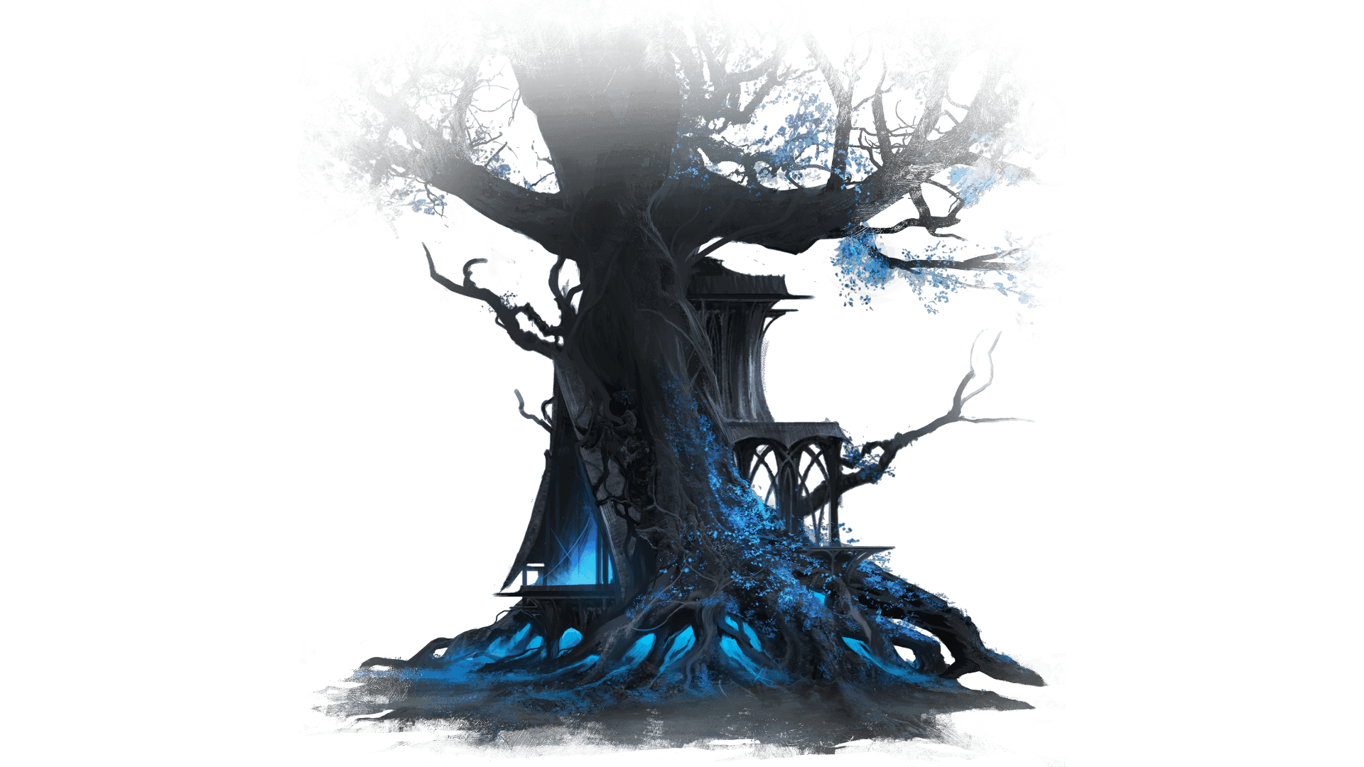 A two story building is built into the center of a giant black tree. The house itself is black with a blue glow coming out from the A frame front and roots.